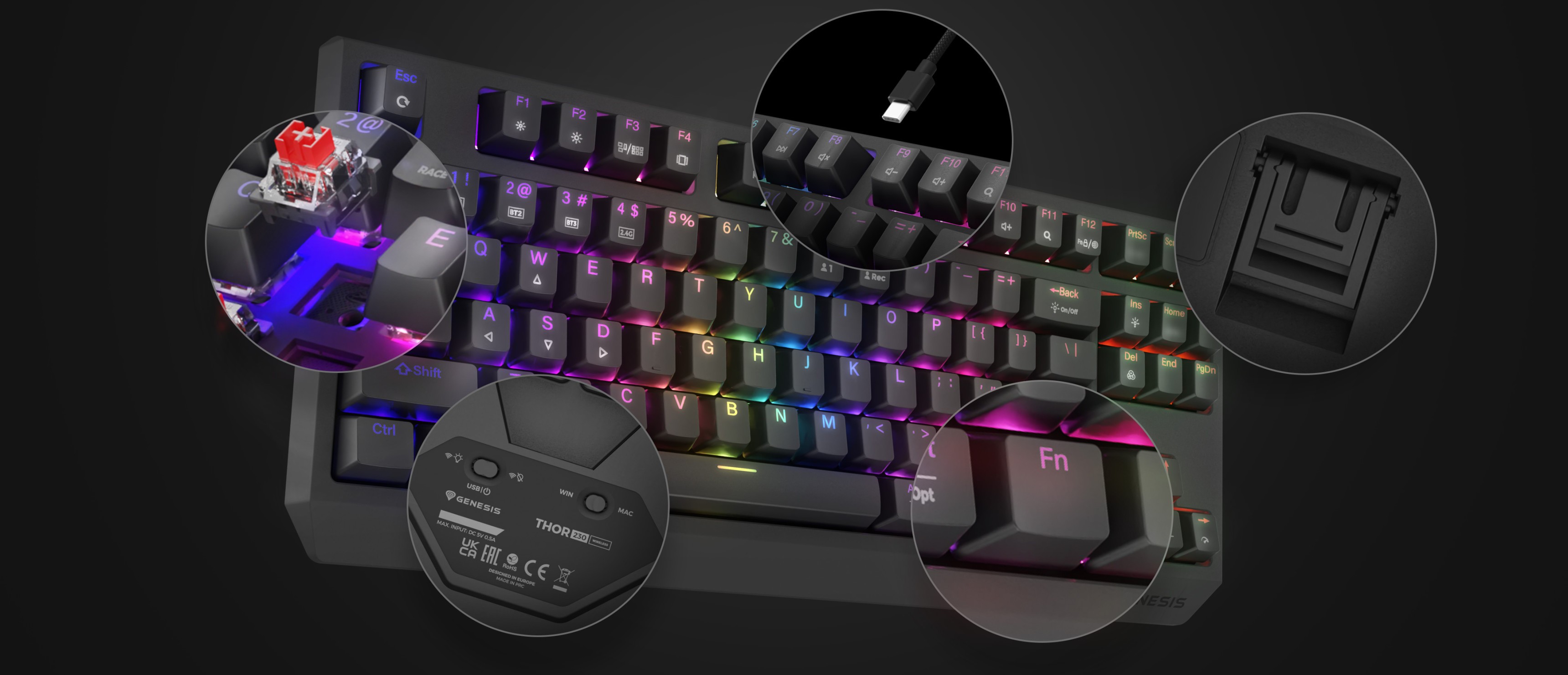 Bezprzewodowa mechaniczna klawiatura do gier RGB z przełącznikami Outemu, wyposażona w konfigurowalne podświetlenie i odłączany kabel USB-C