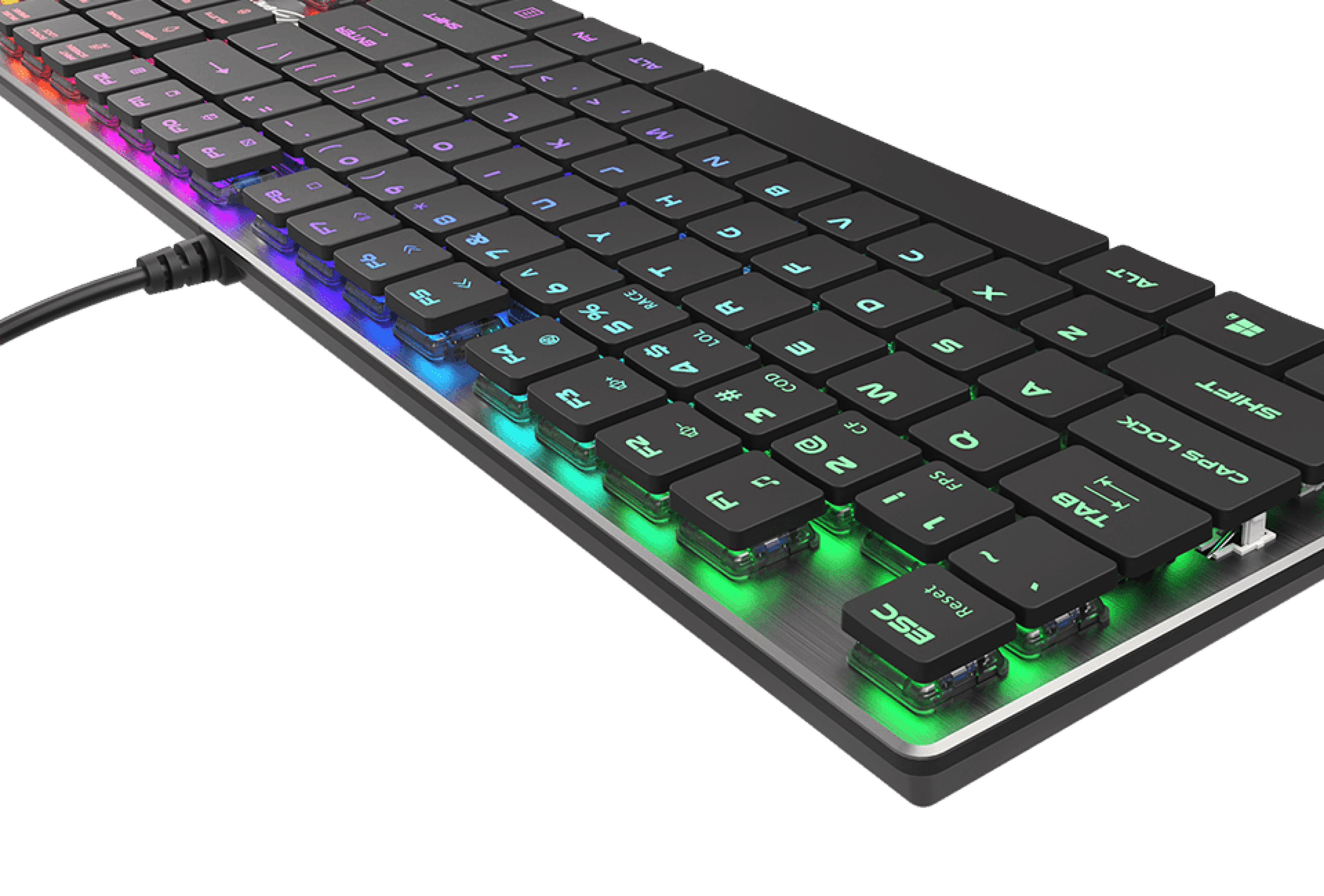 Mechaniczna klawiatura do gier RGB z niebieskimi przełącznikami, charakteryzująca się smukłym profilem i podświetlanymi klawiszami w żywych kolorach