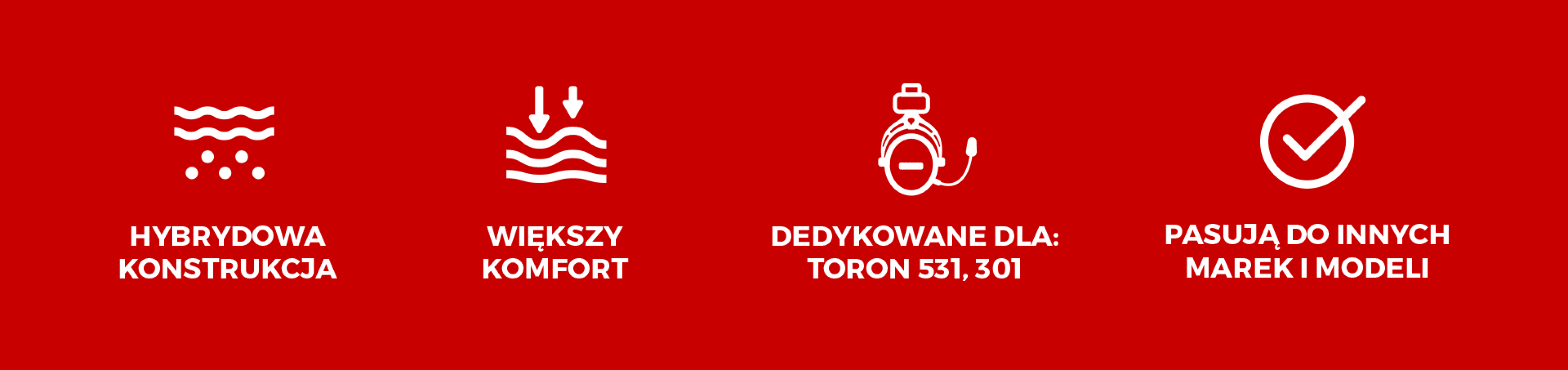 Ikony podkreślające cechy hybrydowych poduszek nausznych Genesis Toron EP01: hybrydowa konstrukcja, zwiększony komfort, kompatybilność z modelami 531 i 301 oraz dopasowanie do innych marek.
