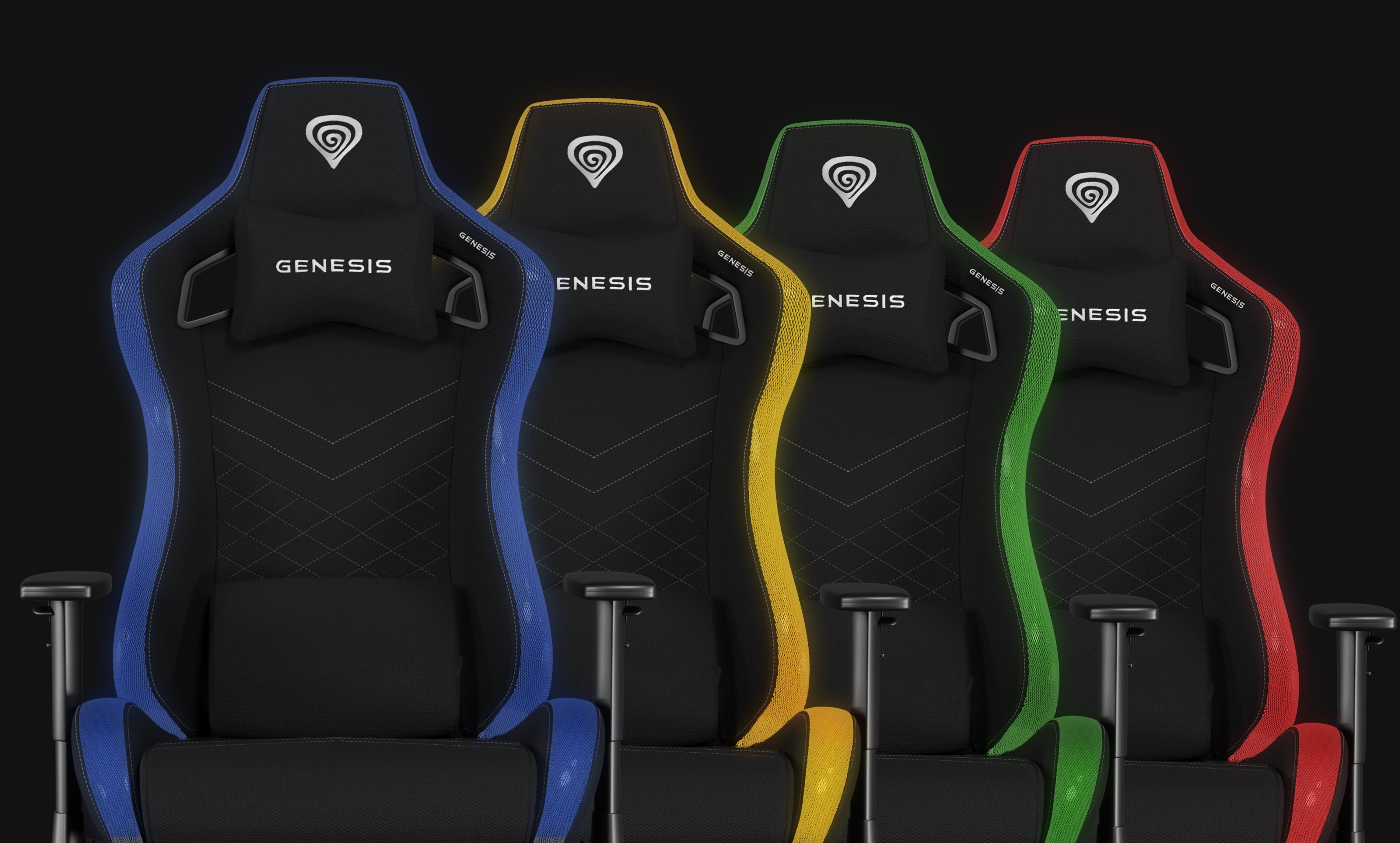 Cztery fotele gamingowe Genesis Trit 660 RGB w różnych kolorach: niebieskim, żółtym, zielonym i czerwonym, prezentujące ergonomiczny design.