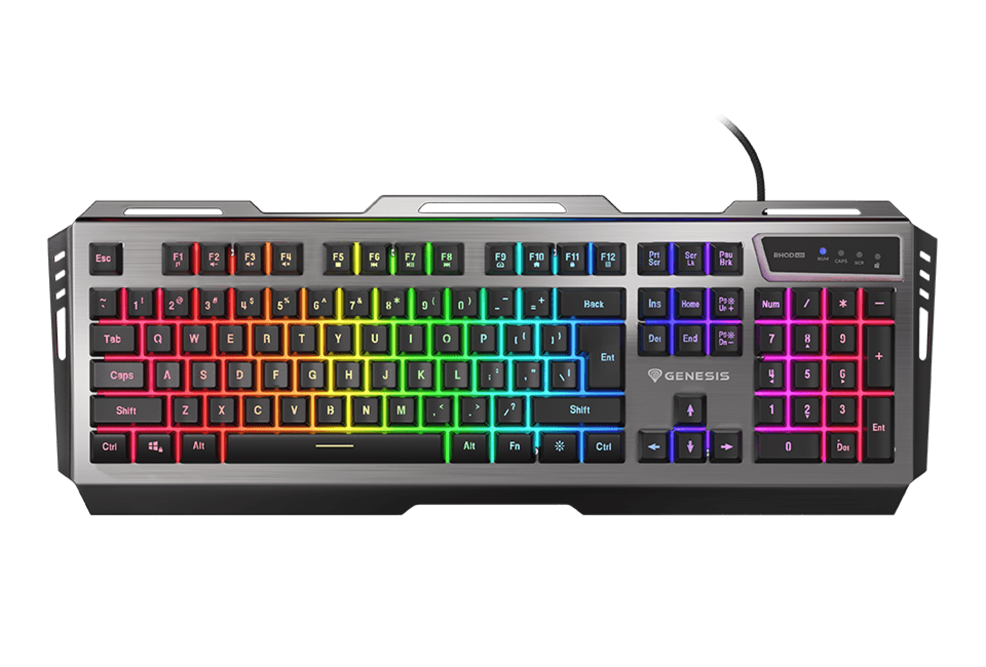 Klawiatura do gier RGB o eleganckim wyglądzie i kolorowym podświetleniu, z różnokolorowymi klawiszami i logo Genesis