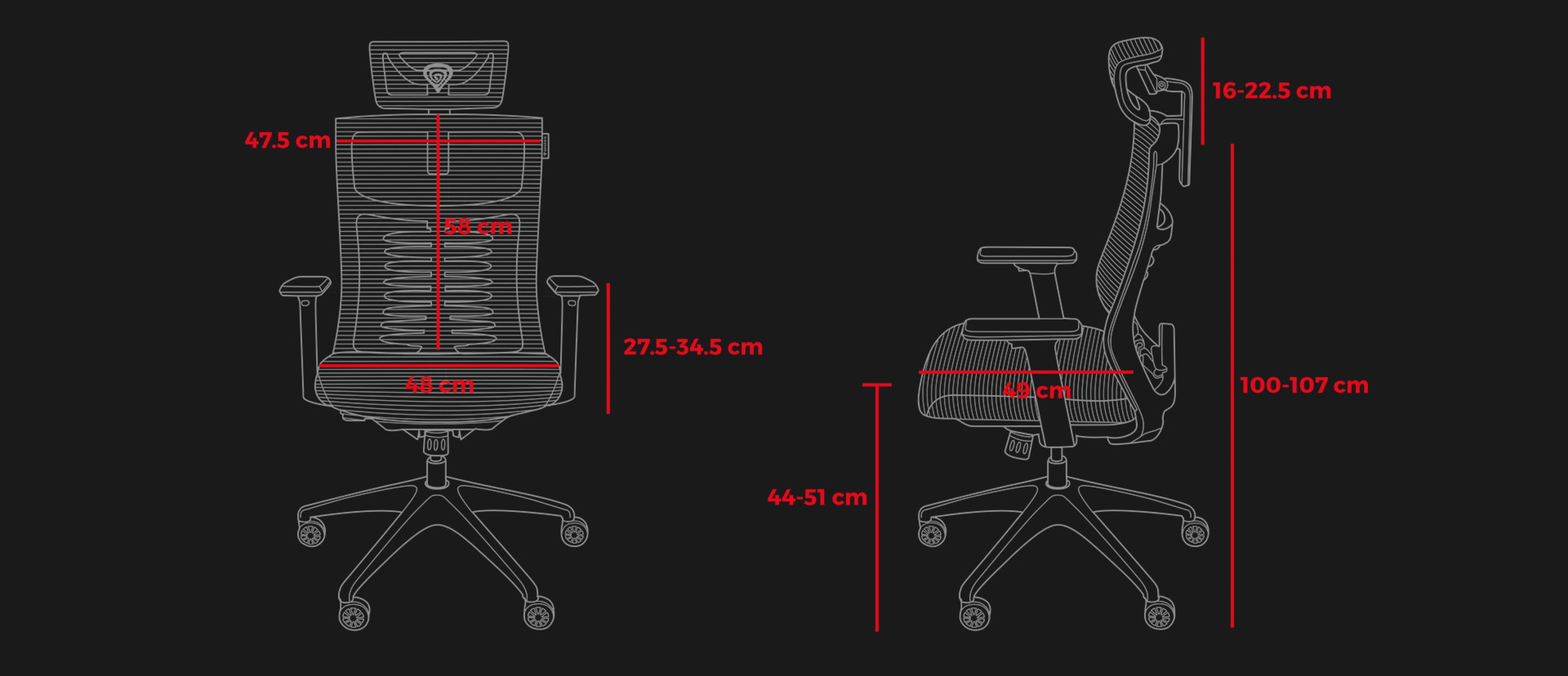 Wymiary fotela ergonomicznego Genesis Astat 200 G2 w kolorze czarnym, pokazujące wysokość, szerokość i głębokość