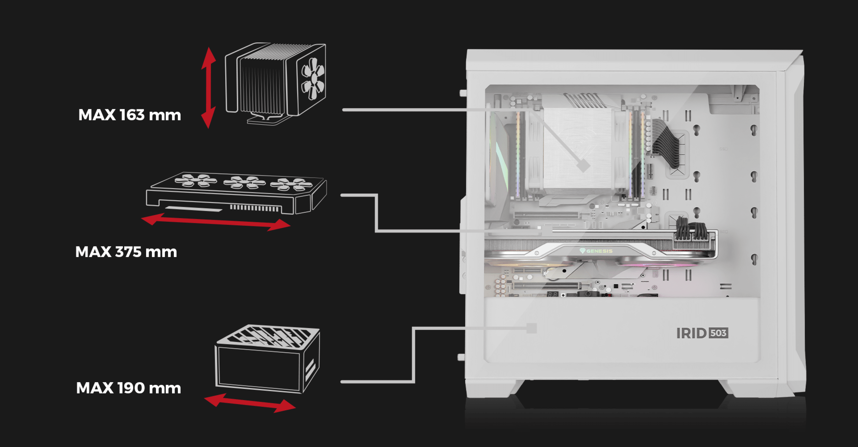 Biała obudowa typu mini tower Genesis IRID 503 ARGB Lite MATX z przezroczystym panelem bocznym i nakreślonymi wymiarami podzespołów