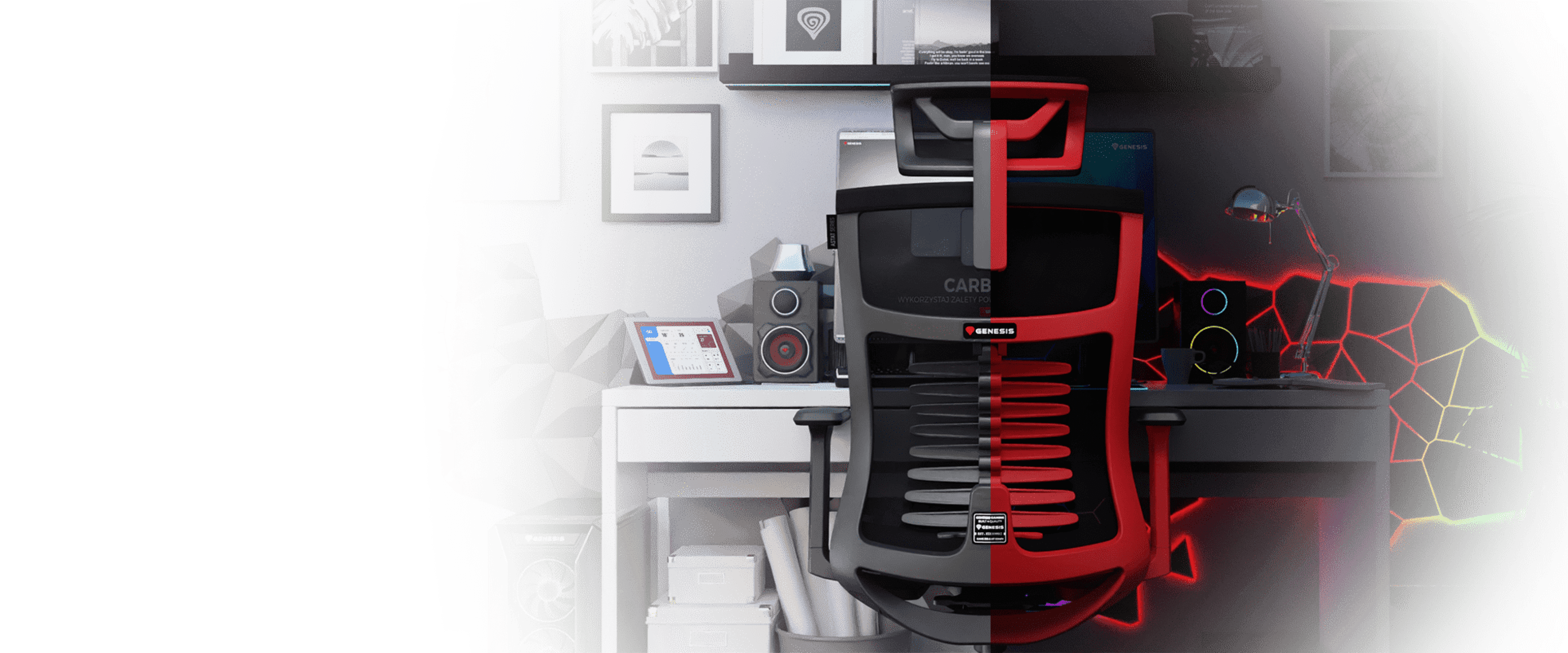 Ergonomiczne czarne krzesło Genesis Astat 700 G2, prezentowane na tle nowoczesnej przestrzeni roboczej z elementami technicznymi
