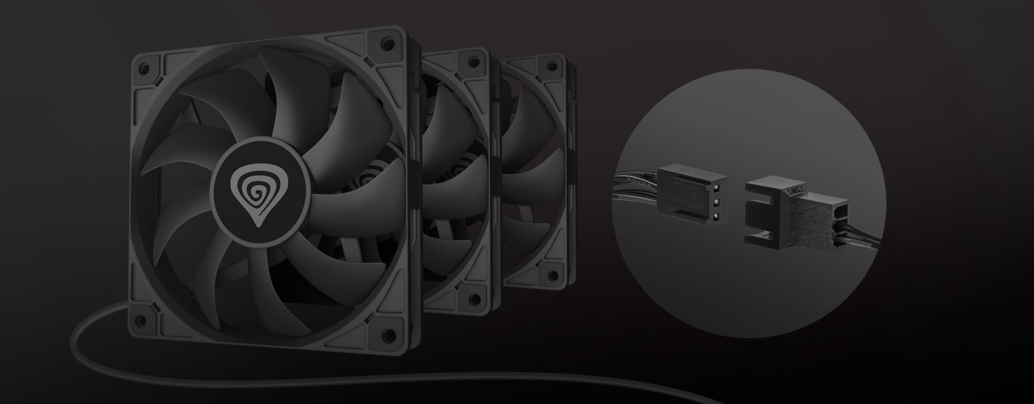 Trzy czarne wentylatory chłodzące z eleganckimi łopatkami, obok zbliżenia kabli połączeniowych, zaprojektowane z myślą o wydajnym przepływie powietrza