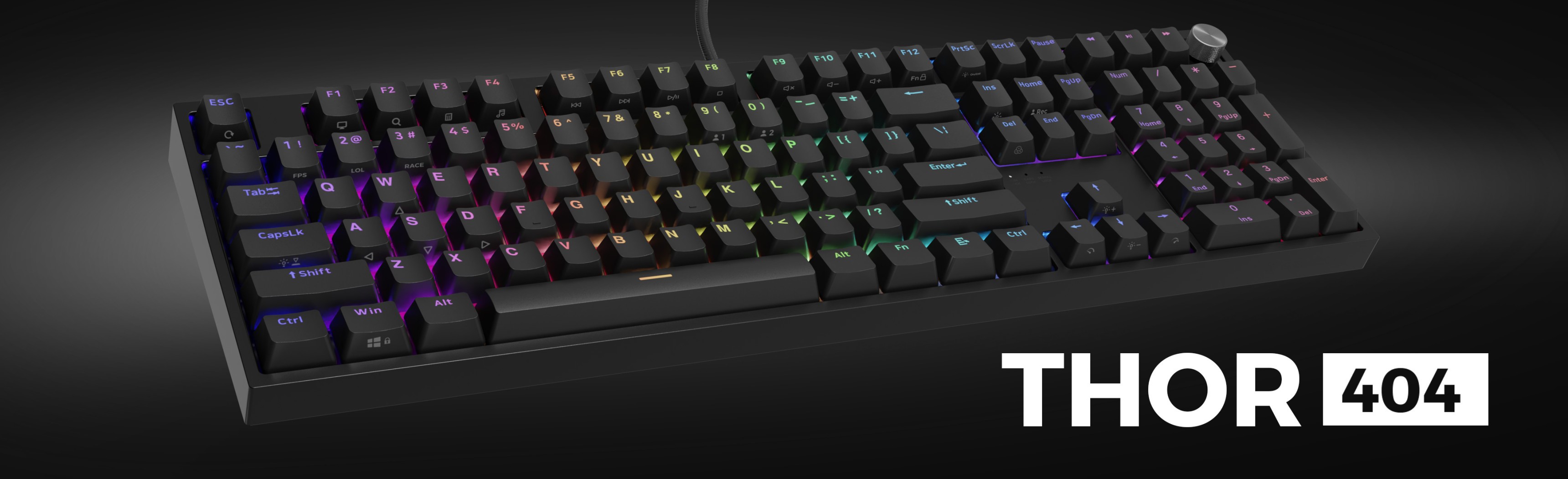 Czarna mechaniczna klawiatura do gier z podświetleniem RGB, wyposażona w przełączniki Outemu Peach Silent, model THOR 404