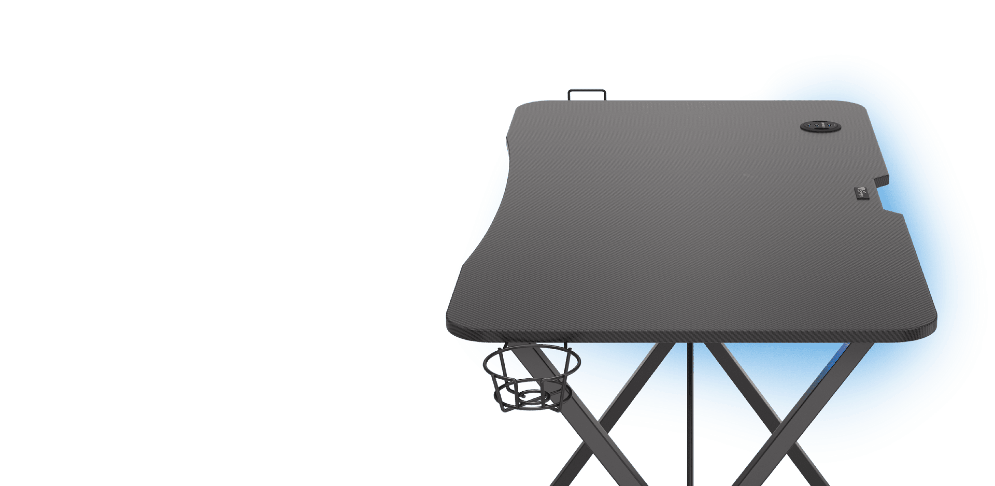 Czarne biurko dla graczy o ergonomicznej konstrukcji, z oświetleniem RGB, uchwytem na kubek i funkcjami zarządzania kablami