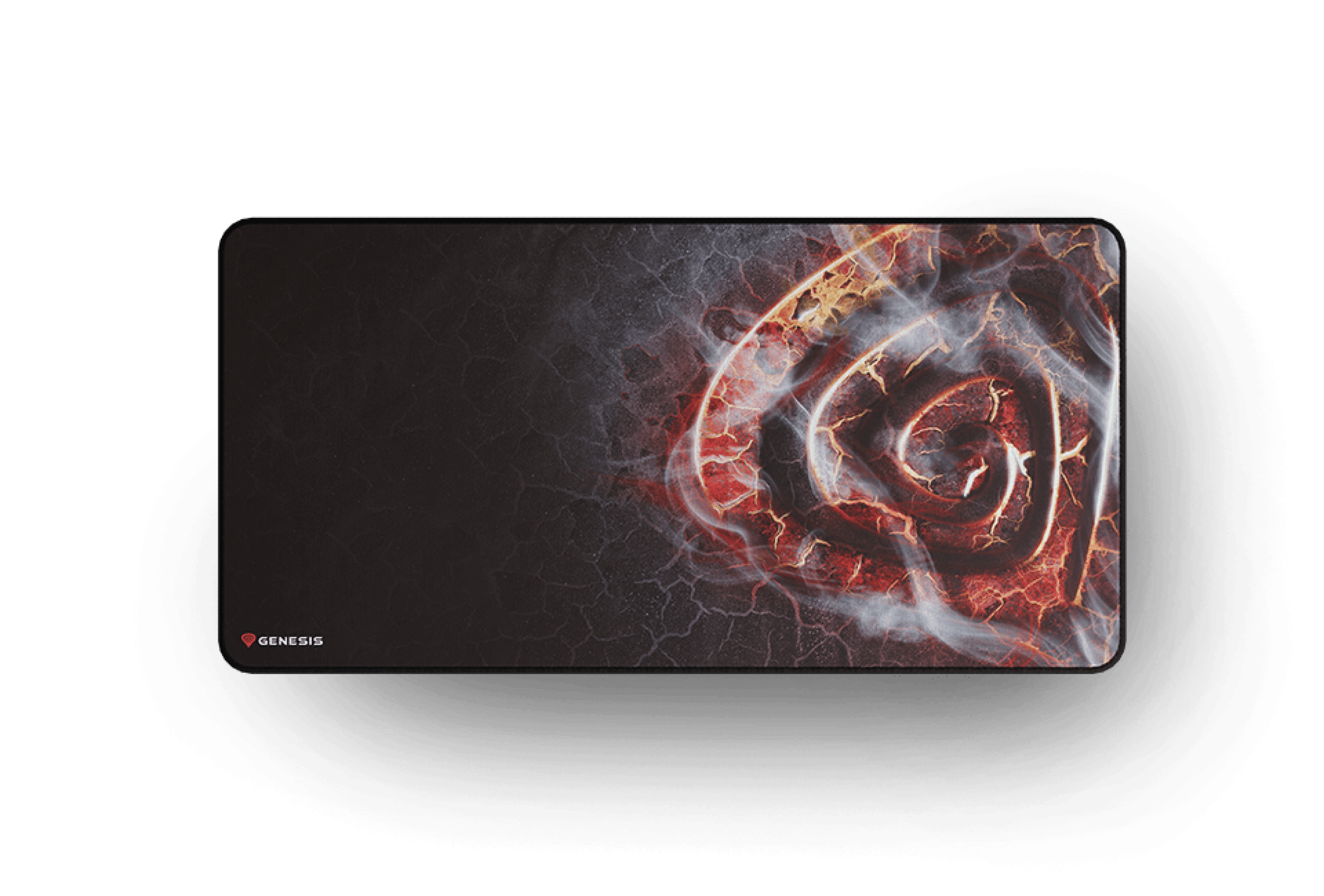 Duża podkładka pod mysz do gier z ognistą spiralą w kolorze czerwonym i czarnym, o wymiarach 900 x 450 mm.