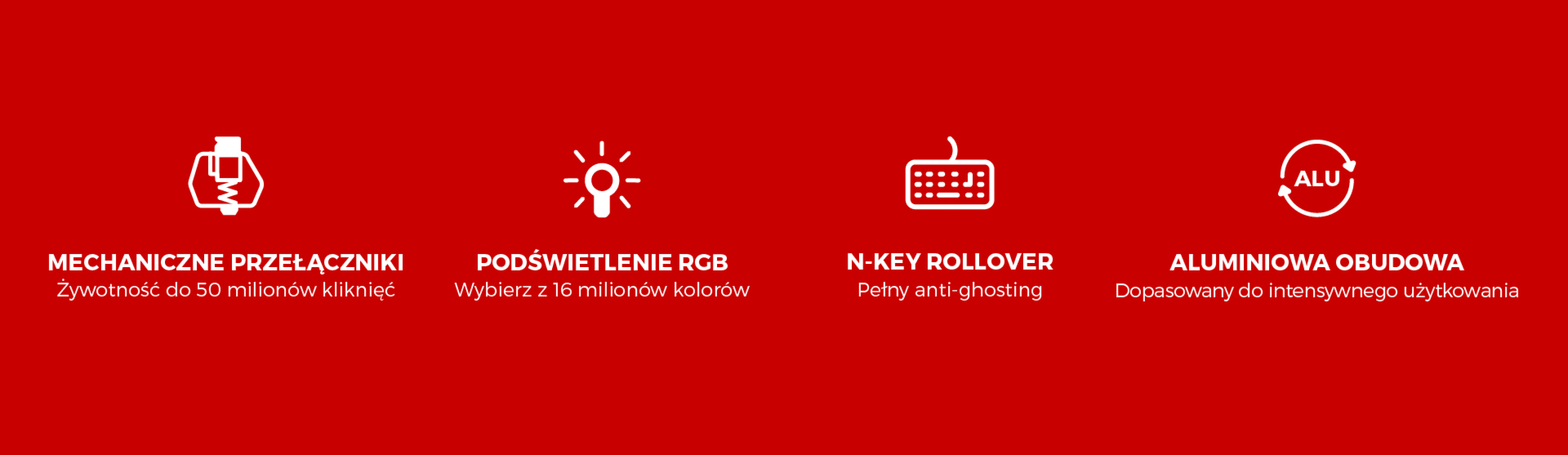 Ikony reprezentujące przełączniki mechaniczne, opcje oświetlenia, rollover klawiszy i obudowę aluminiową.