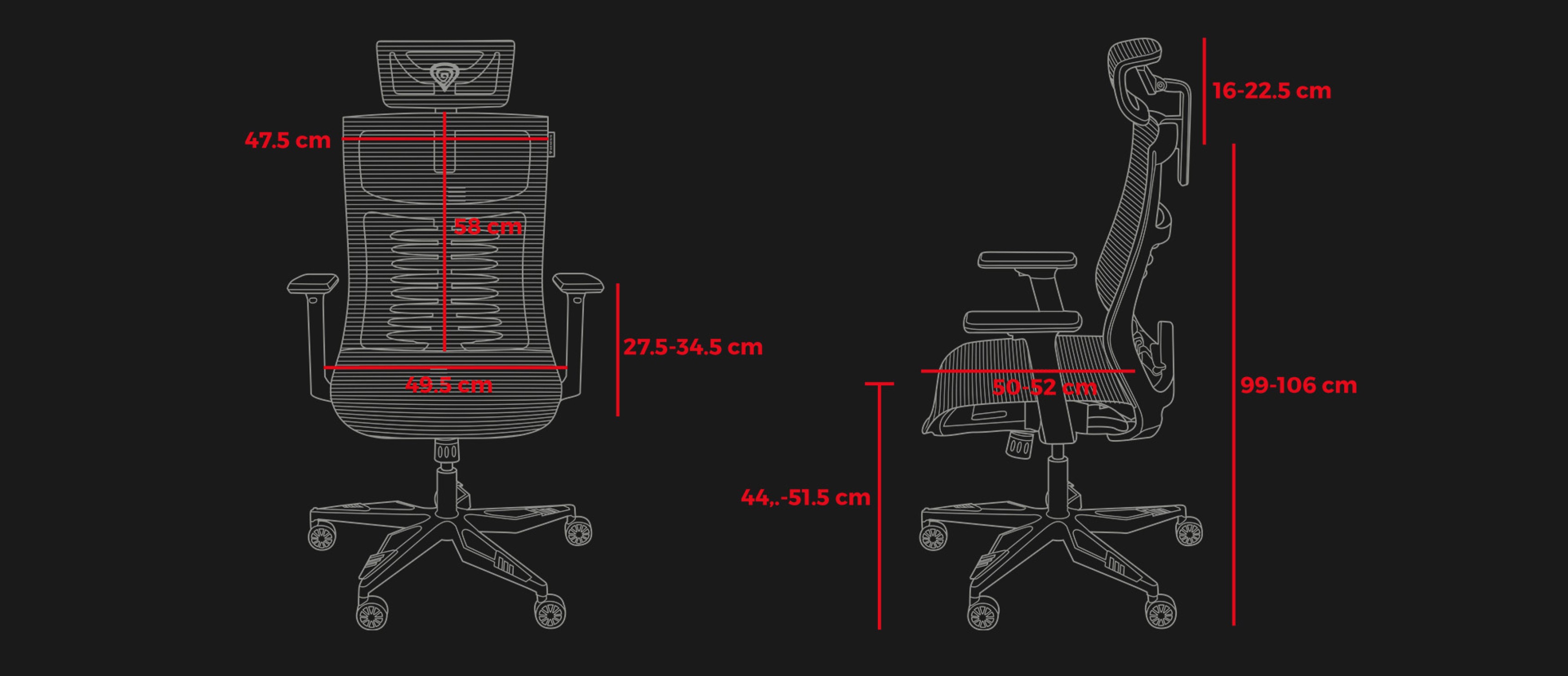 Ergonomiczne czarne krzesło o oznaczonych wymiarach, prezentujące widok z przodu i z boku z regulowanymi funkcjami.