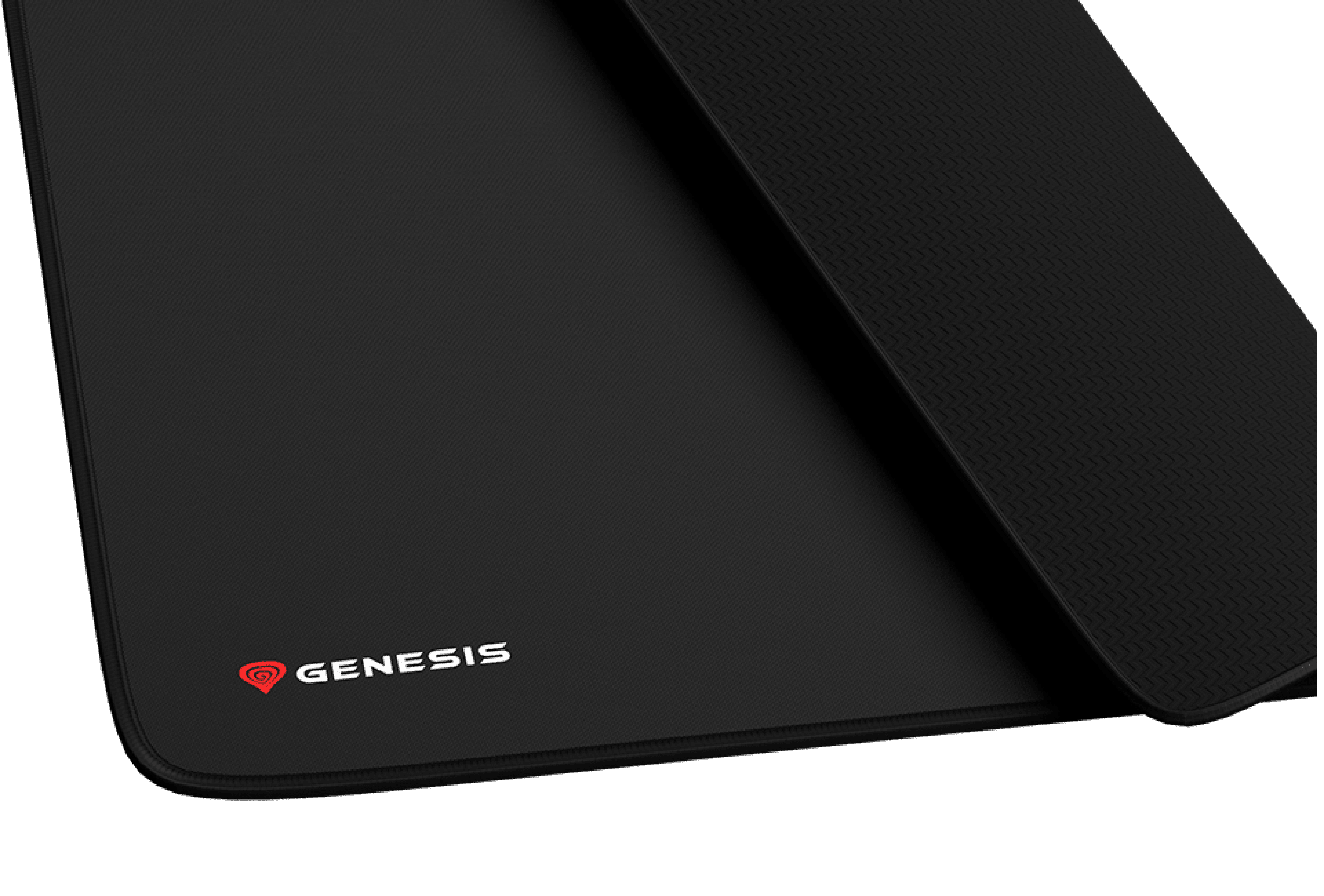 Czarna podkładka pod mysz Genesis z teksturowaną powierzchnią i logo, o wymiarach 400 x 330 mm
