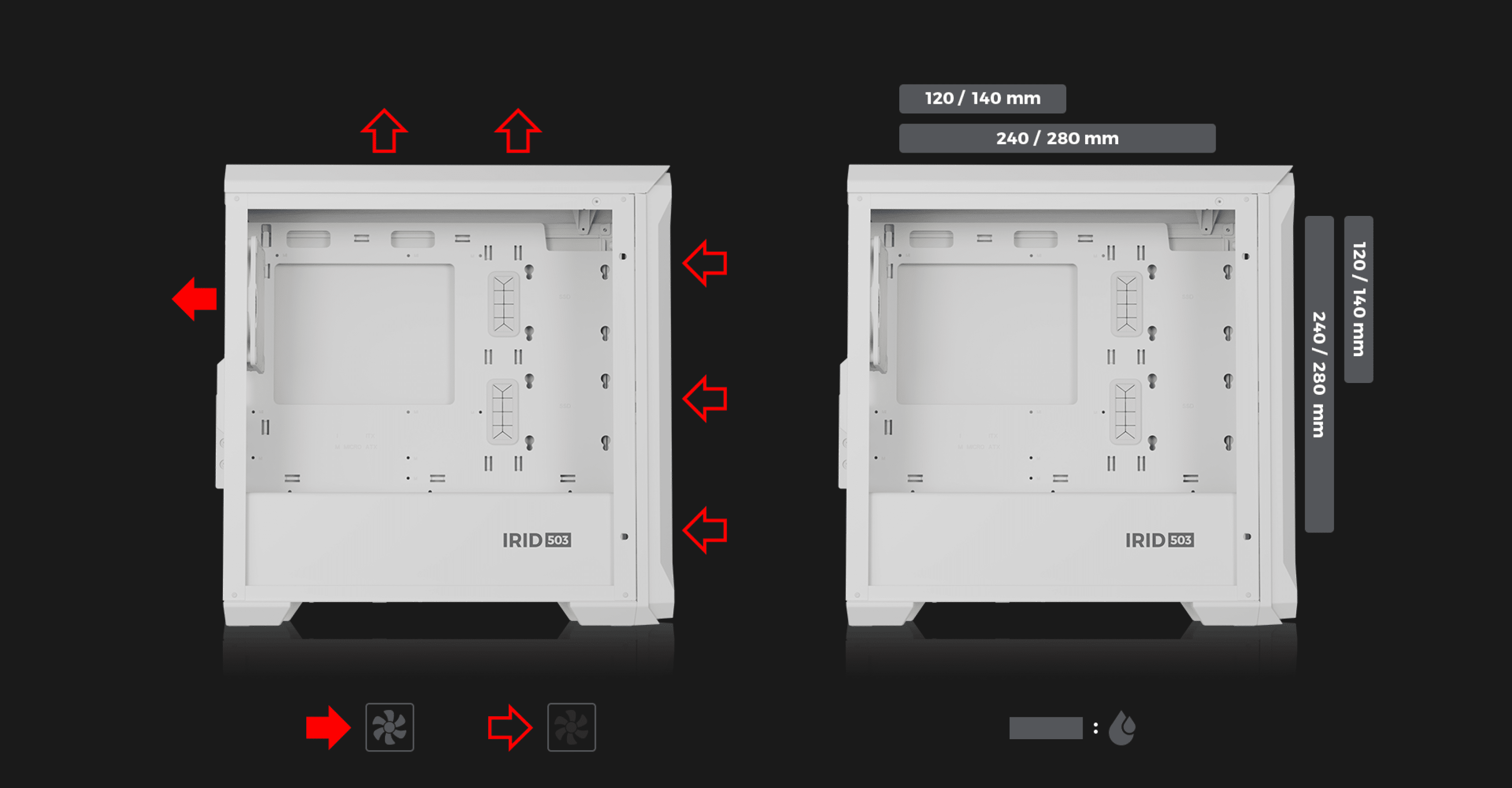 Biała obudowa MATX typu mini tower z przezroczystym panelem bocznym, prezentująca opcje montażu wentylatorów i specyfikacje komponentów chłodzących.