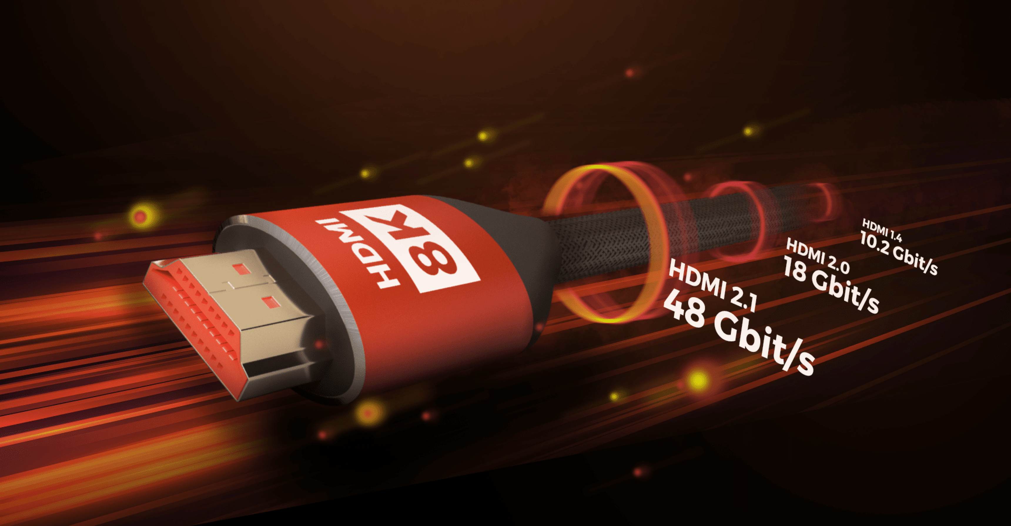 Kabel HDMI o żywym designie, oznaczony jako "8K" i prezentujący specyfikacje HDMI 2.1, obsługujący do 48 Gbps.