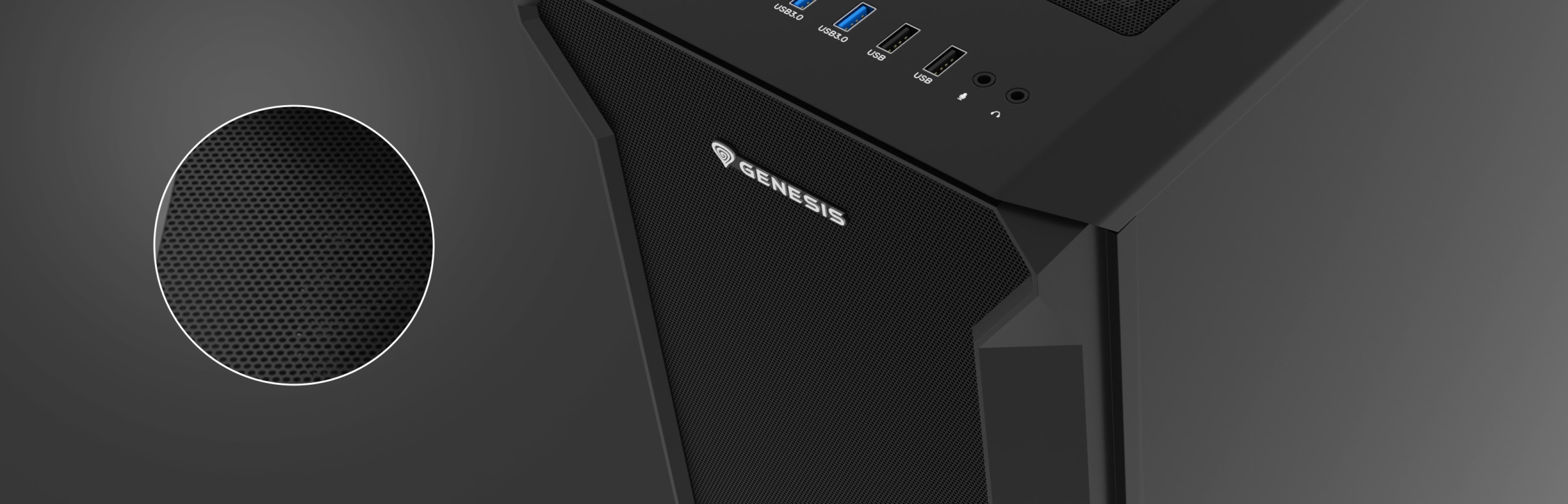 Czarna obudowa Genesis Irid 505F MIDI typu tower z przezroczystym oknem i wieloma portami z przodu