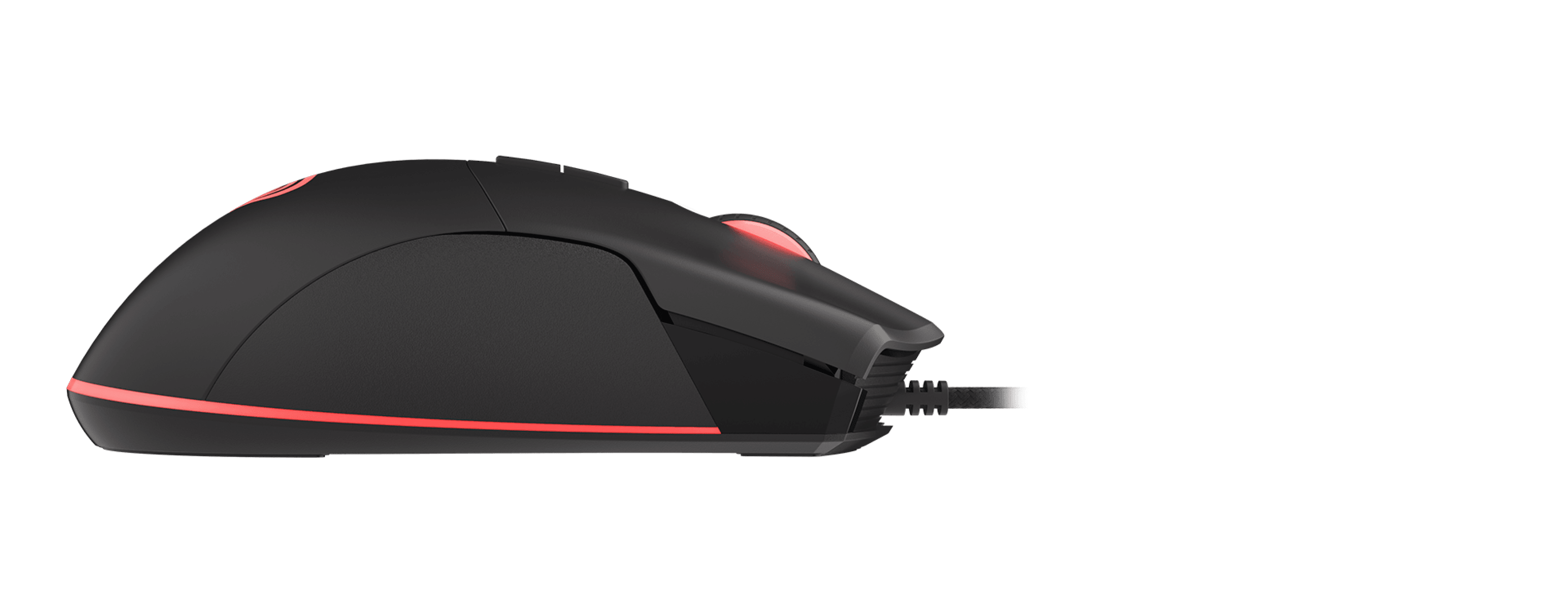 Czarna mysz do gier z podświetleniem RGB i programowalnymi funkcjami, charakteryzująca się eleganckim wyglądem i kablem USB