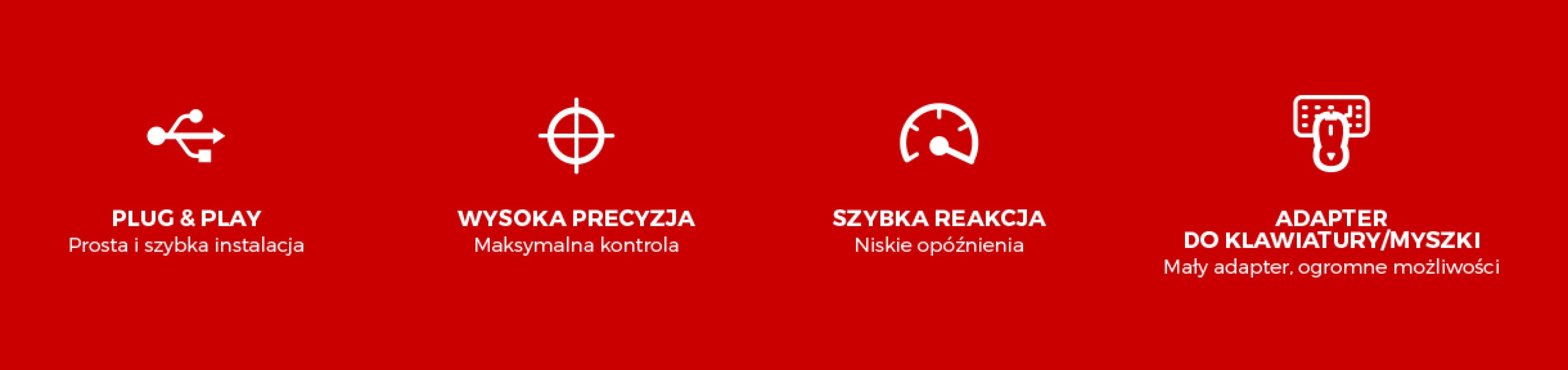 Cztery białe ikony na czerwonym tle przedstawiające różne cechy urządzenia.