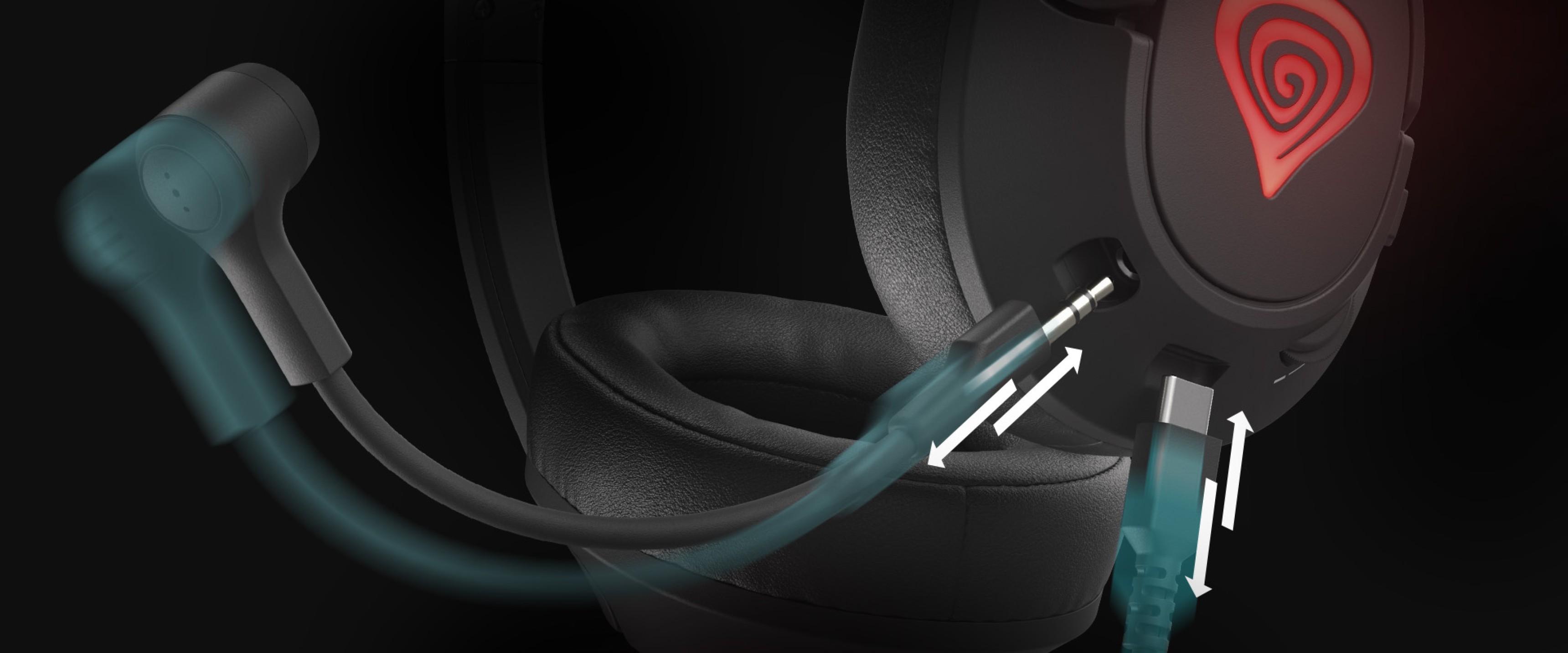 Czarne słuchawki gamingowe Genesis Radon 800 7.1 z mikrofonem i złączem USB, wyposażone w podświetlane akcenty