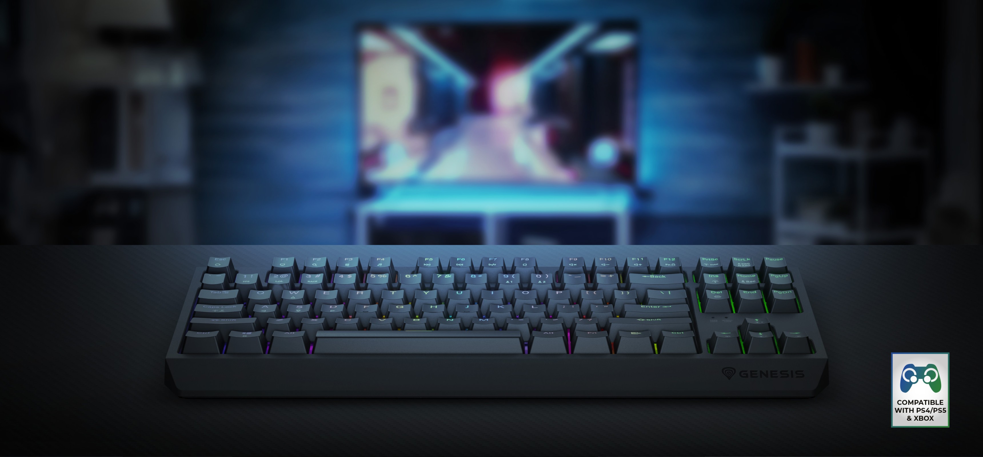 Bezprzewodowa mechaniczna klawiatura do gier RGB z przełącznikami Outemu, wyświetlana na rozmytym tle konfiguracji do gier
