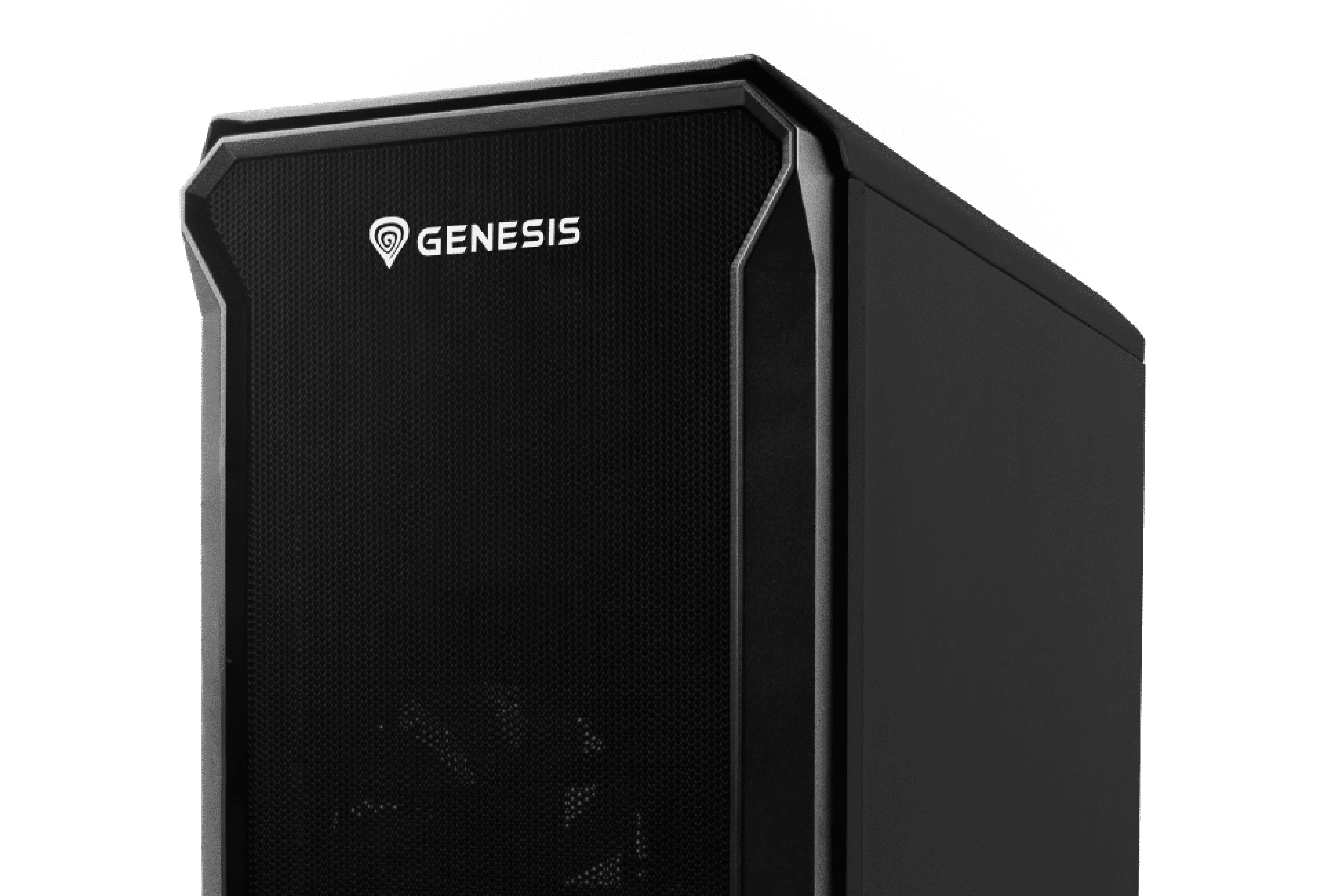 Czarna obudowa MATX typu mini tower z przednim panelem z siatki mesh i przezroczystym bocznym oknem z logo Genesis