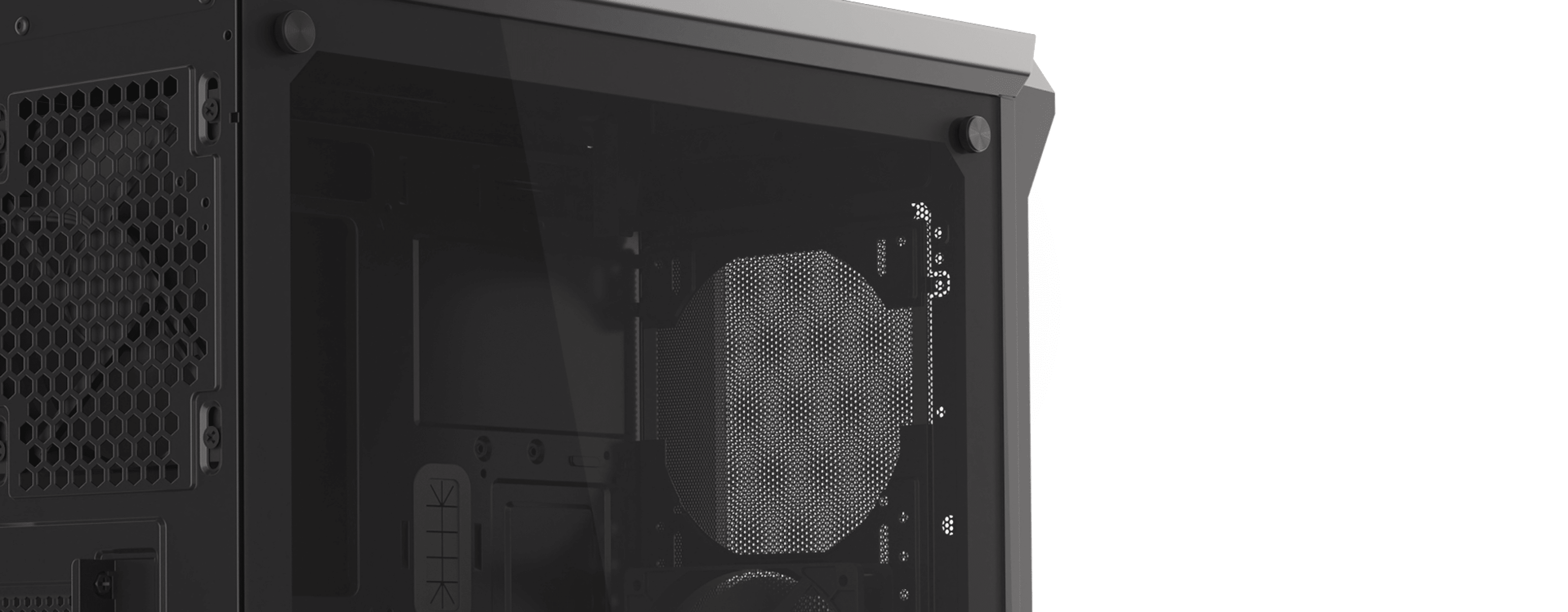 Czarna obudowa Genesis Irid 505 V2 MIDI typu tower z przezroczystym panelem bocznym, eksponującym podzespoły wewnętrzne.