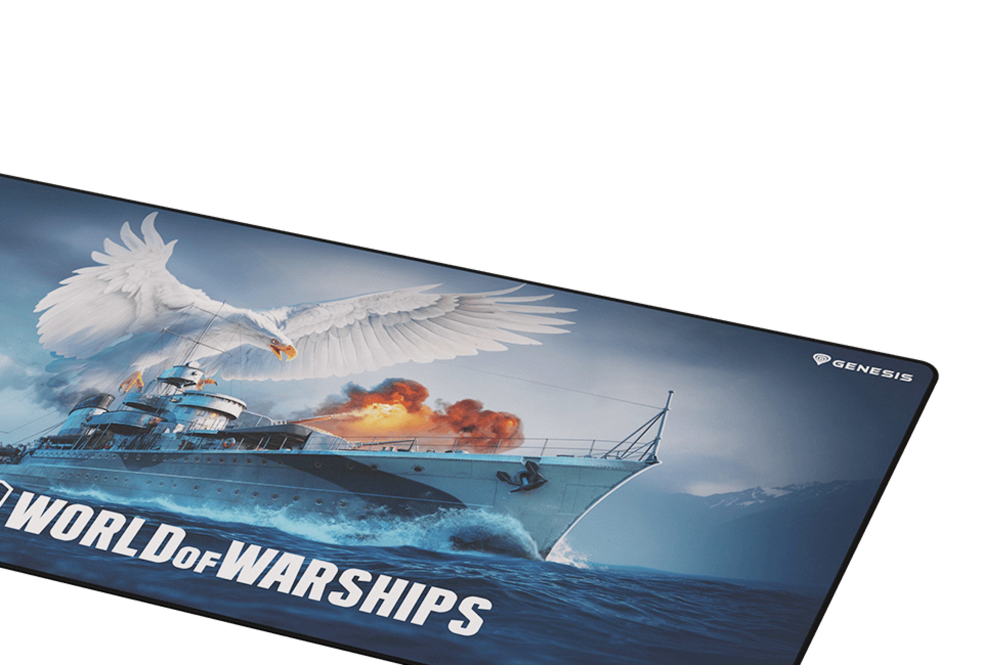 Duża podkładka pod mysz dla graczy z dramatycznym wzorem z gry "World of Warships", przedstawiającym statek i orła.