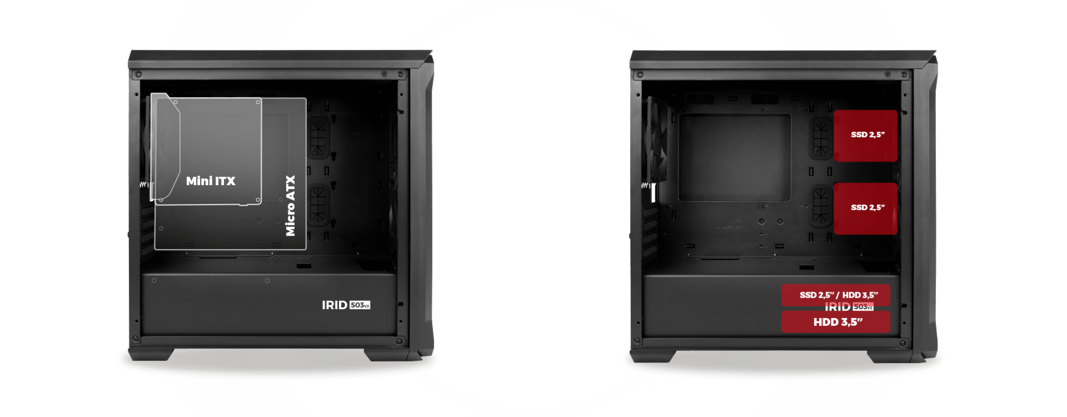 Czarna obudowa Genesis Irid 503 V2 MATX typu mini tower z przezroczystym panelem bocznym i oznaczonymi przegrodami wewnętrznymi na dyski HDD i SSD