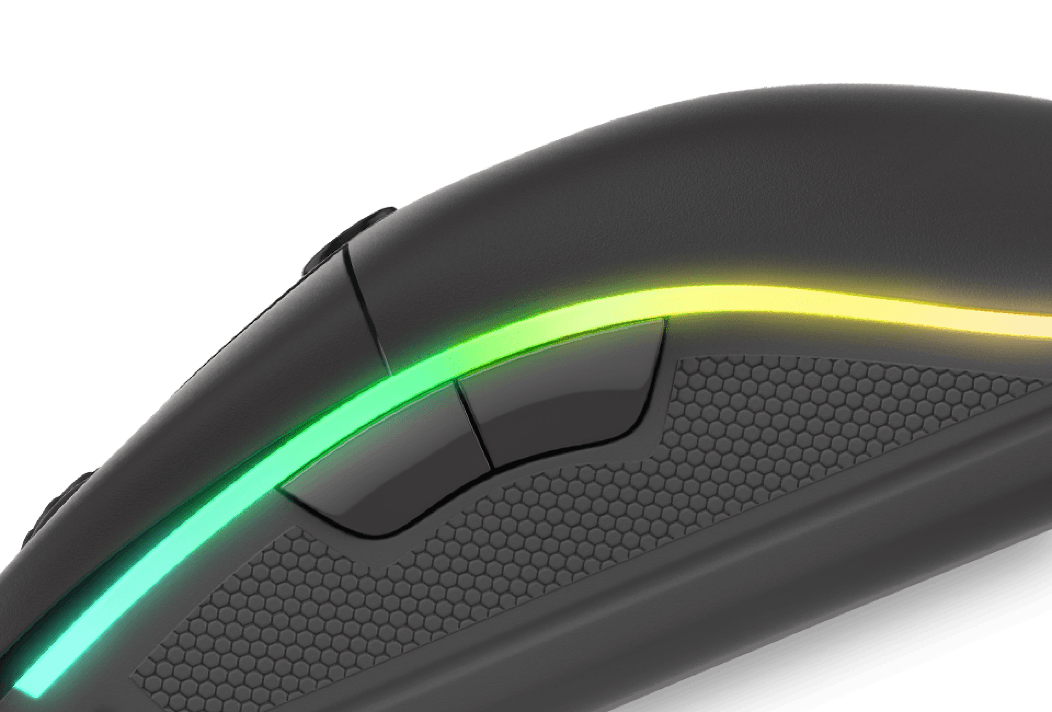 Mysz gamingowa z bocznym podświetleniem RGB, teksturowanym uchwytem i programowalnymi przyciskami. Zaprojektowana z myślą o wysokiej precyzji do 8000 DPI