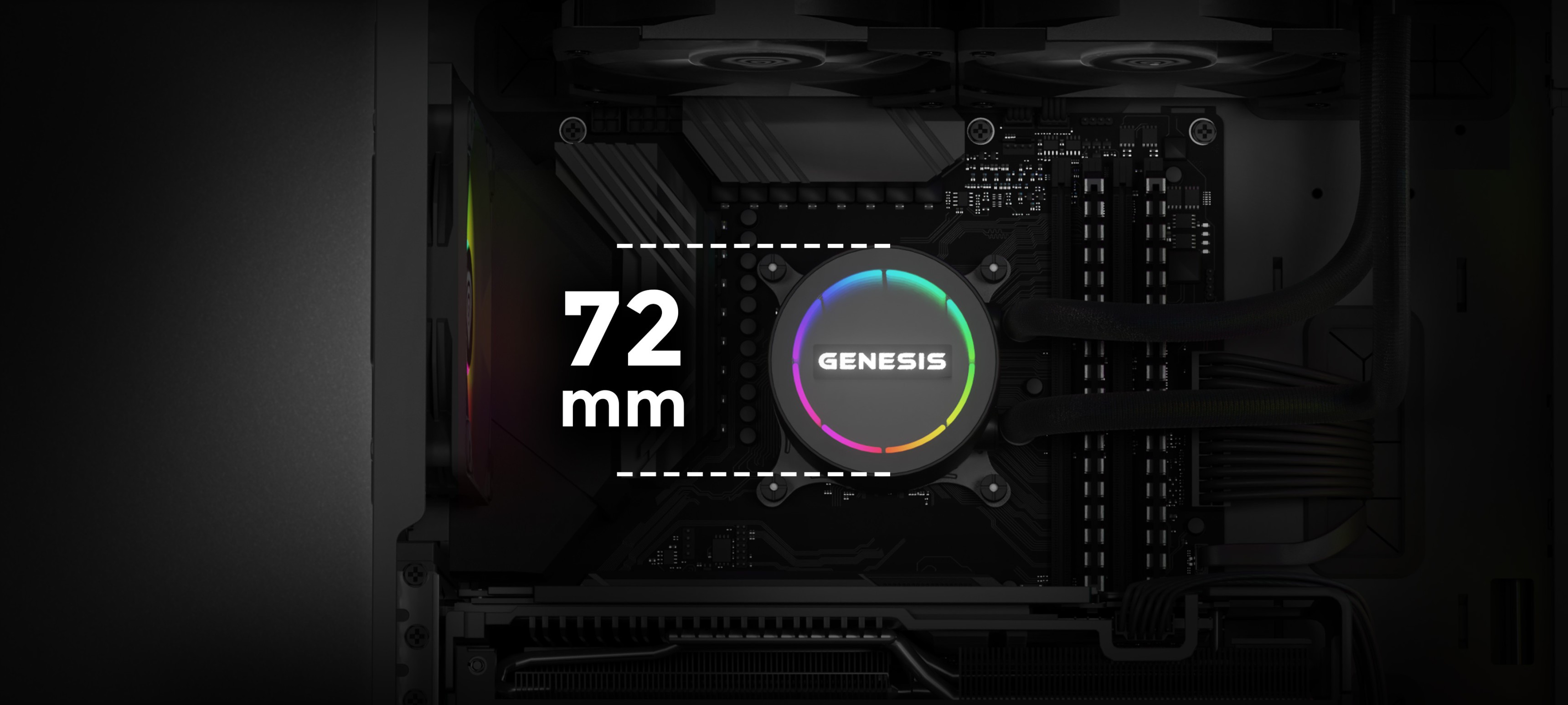 Zbliżenie na czarną chłodnicę cieczy Genesis Hydria 240 z logo 72 mm i komponentami wewnątrz obudowy komputera PC