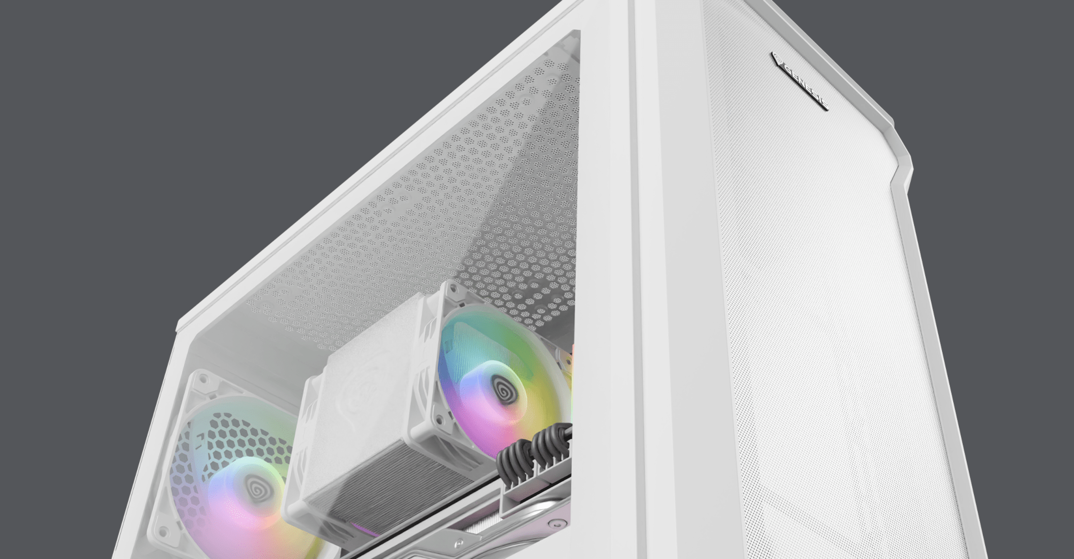 Biała obudowa Genesis Irid 503 ARGB Lite MATX typu mini tower z przezroczystym panelem bocznym i kolorowymi wentylatorami RGB widocznymi wewnątrz.