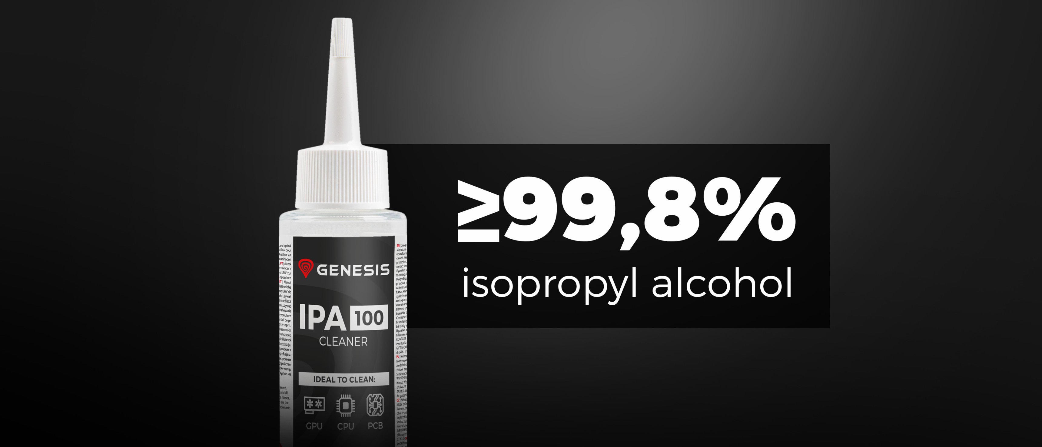 Butelka 100 ml środka czyszczącego Genesis IPA 100 zawierającego ≥99,8% alkoholu izopropylowego, wyposażona w precyzyjną końcówkę ułatwiającą aplikację.