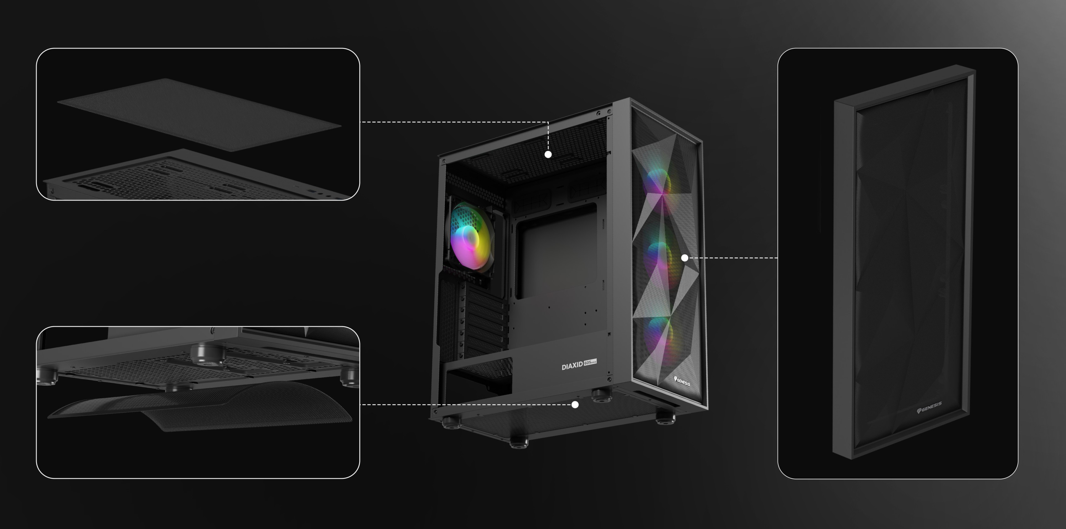 Czarna obudowa typu midi tower z przezroczystym oknem i podświetleniem RGB