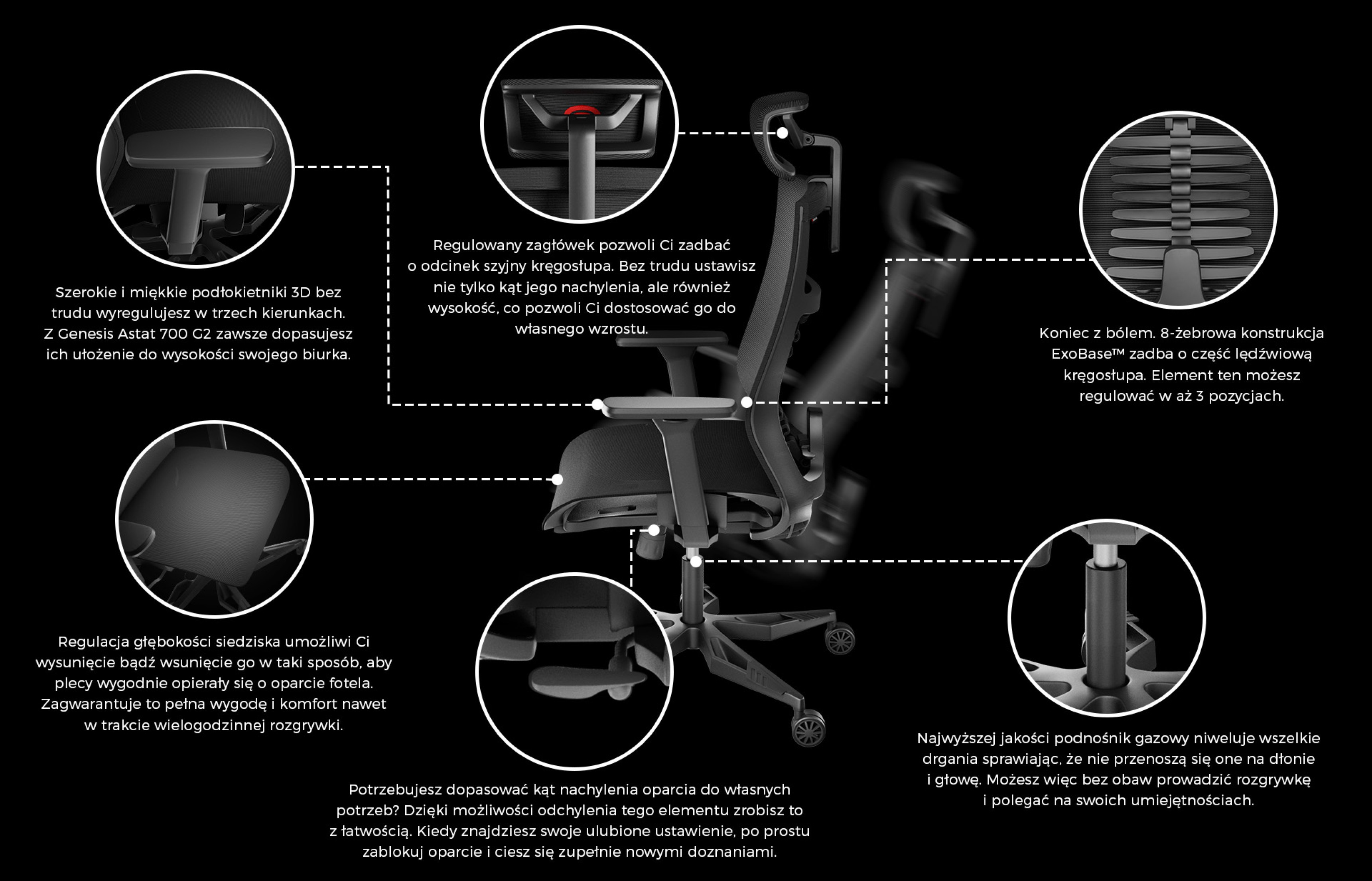 Ergonomiczne czarne krzesło z regulowanymi funkcjami, w tym podparciem lędźwiowym, wysokością podłokietników i głębokością siedziska dla optymalnego komfortu