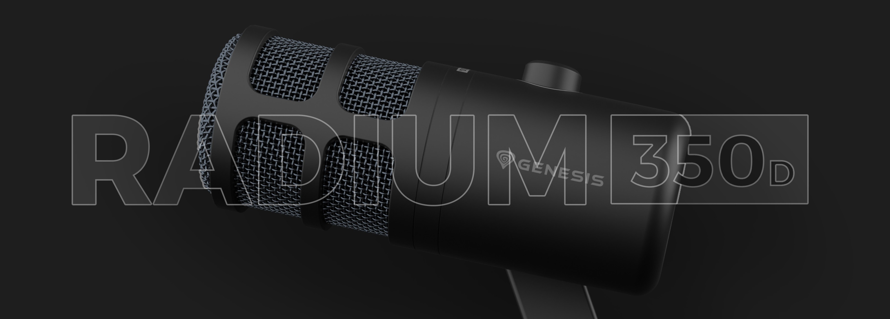Dynamiczny mikrofon USB Genesis Radium 350D, charakteryzujący się elegancką czarną konstrukcją i wytrzymałą siatkową osłoną przednią.