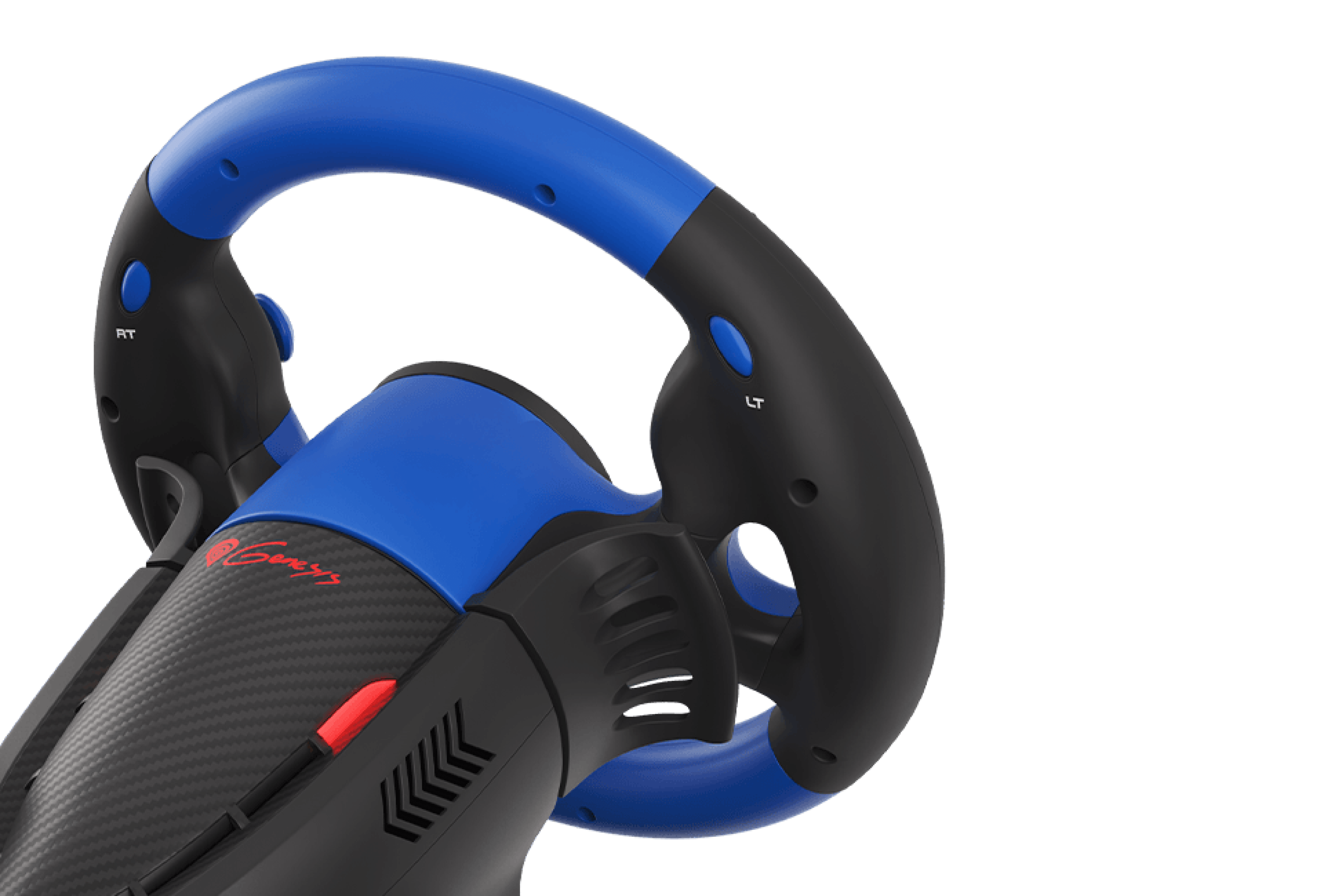 Kierownica do gier o czarno-niebieskim designie, wyposażona w ergonomiczne uchwyty i przyciski do PC, PS3, PS4, Xbox One, Xbox 360 i Nintendo Switch.