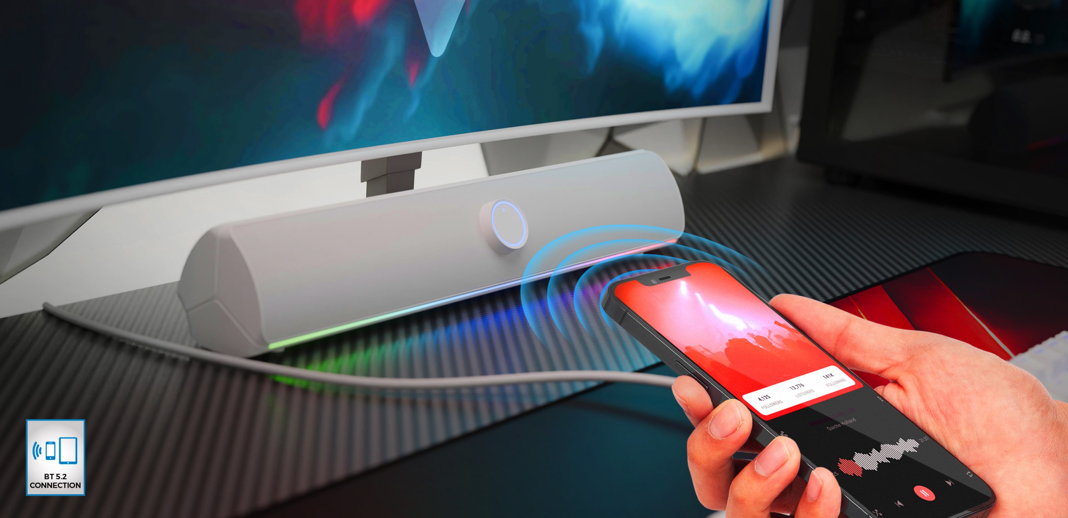 Biały soundbar Bluetooth z kolorowym podświetleniem LED, podłączany do smartfona w celu odtwarzania dźwięku