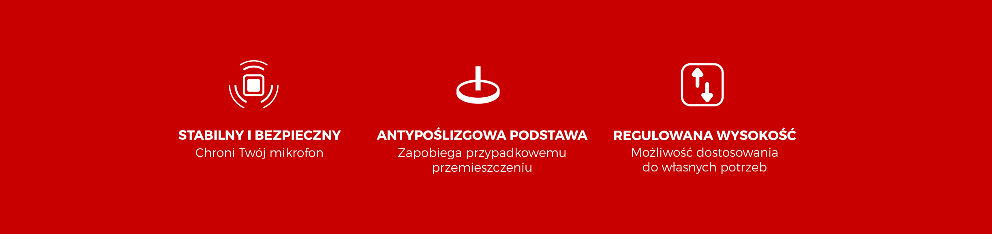 Czerwone tło z trzema ikonami opisującymi statyw mikrofonowy Genesis Thulium 350D: stabilność, antypoślizgowa podstawa i regulowana wysokość.