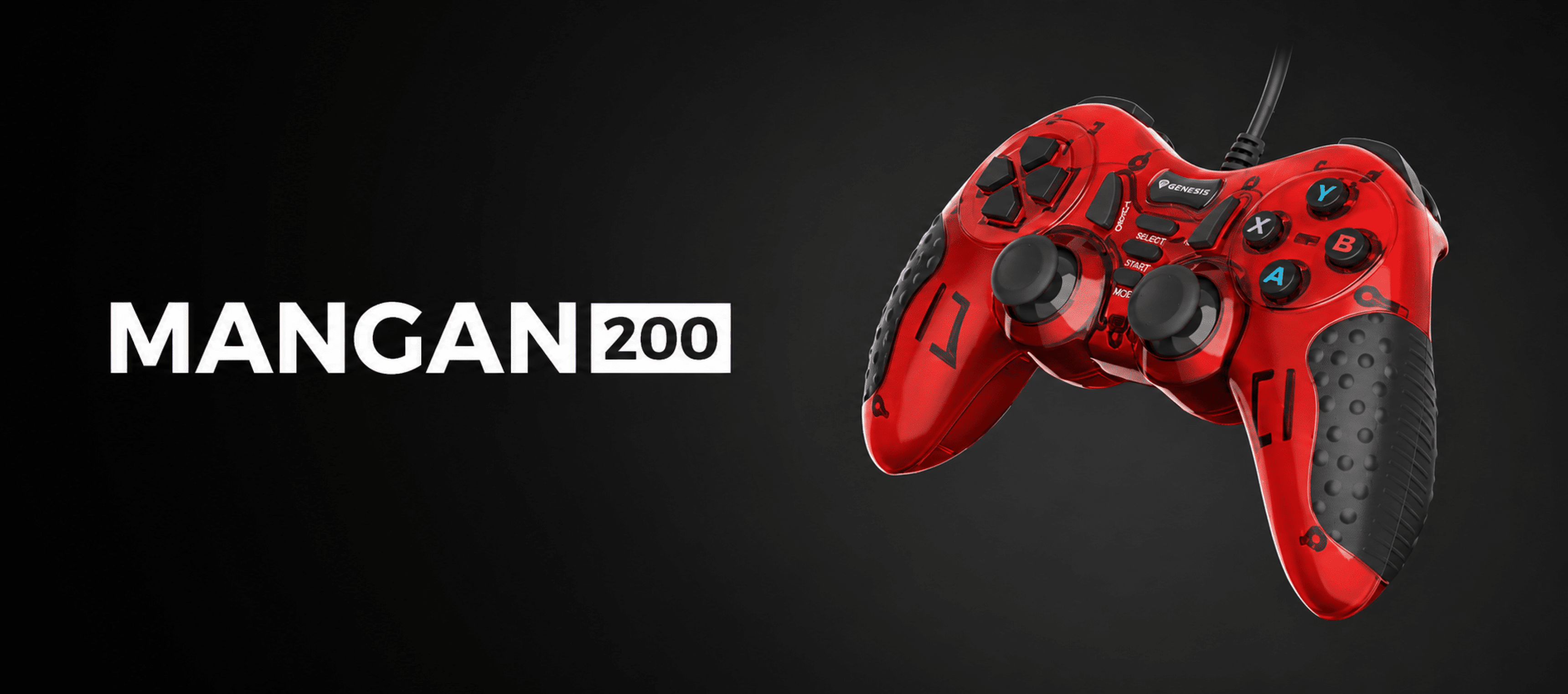 Czerwony kontroler do gier z wieloma przyciskami i analogowymi joystickami na ciemnym tle.