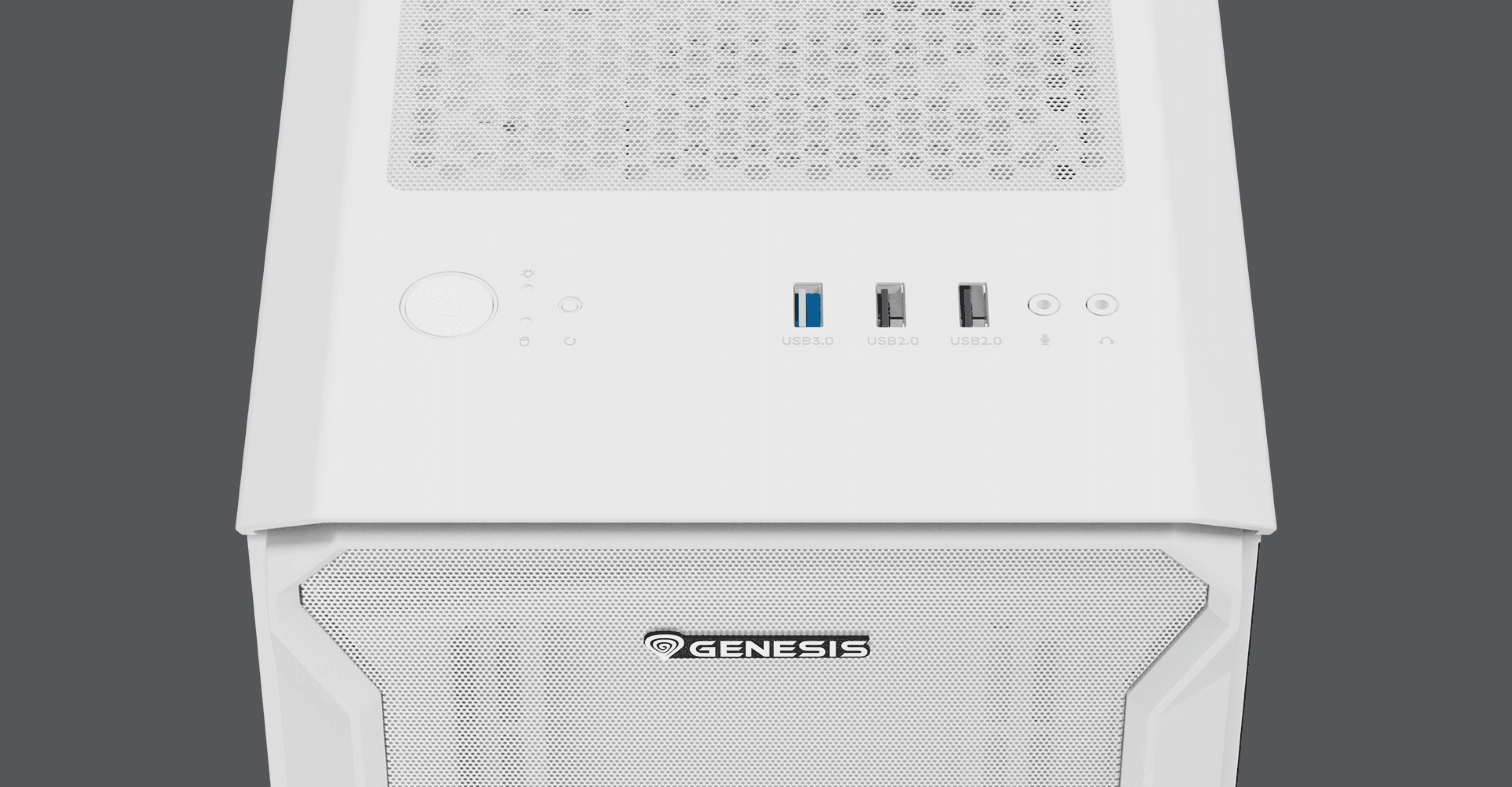 Biała obudowa Genesis Irid 503 ARGB Lite MATX typu mini tower z bocznym oknem i portami I/O z przodu
