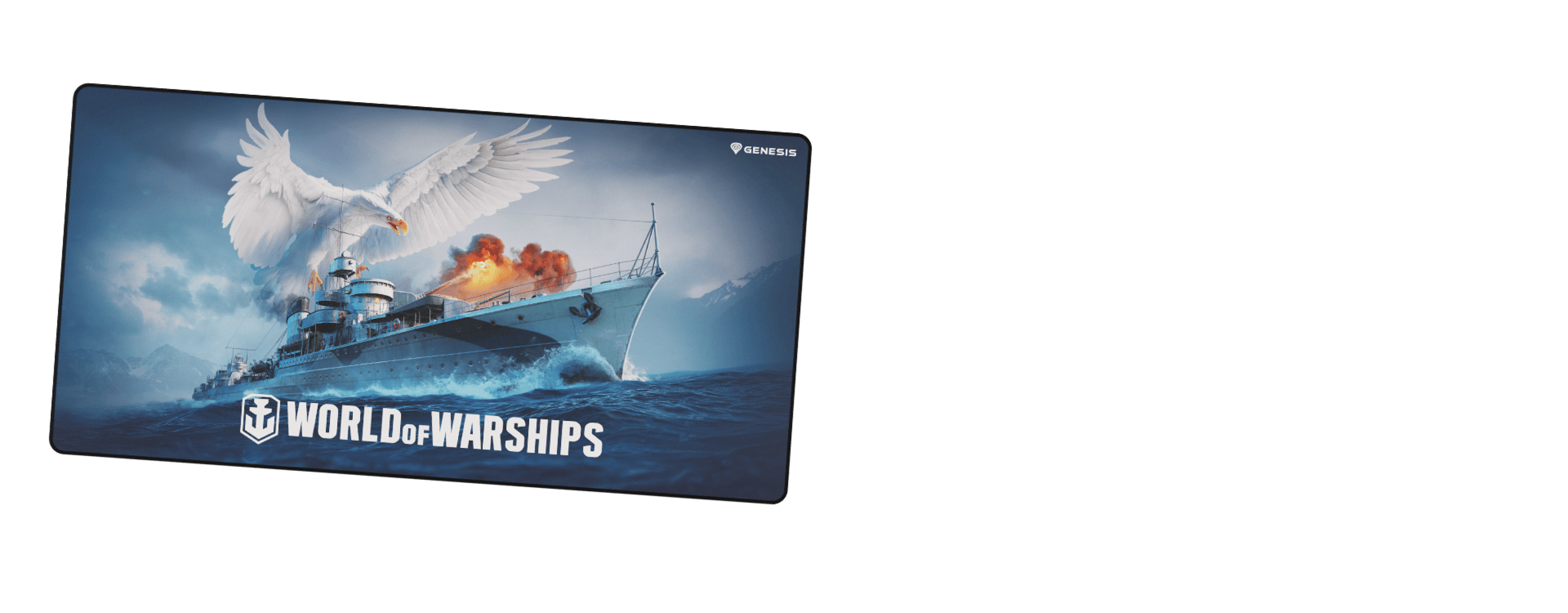 Duża podkładka pod mysz przedstawiająca dramatyczną scenę z gry "World of Warships" z pancernikiem i orłem pośród eksplozji.