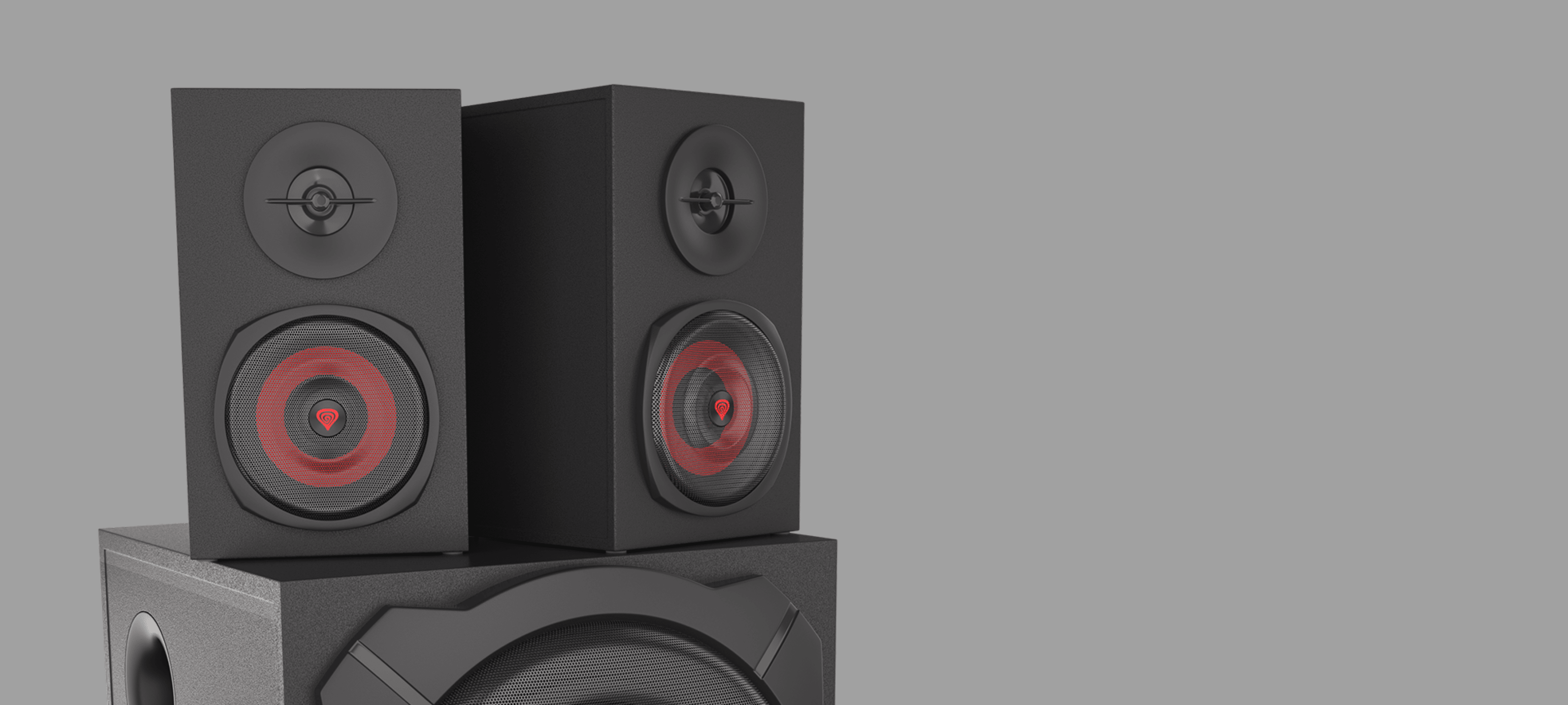 Czarne głośniki Genesis Helium 610BT 2.1 z przewodowym pilotem, wyposażone w dwa głośniki satelitarne i subwoofer.