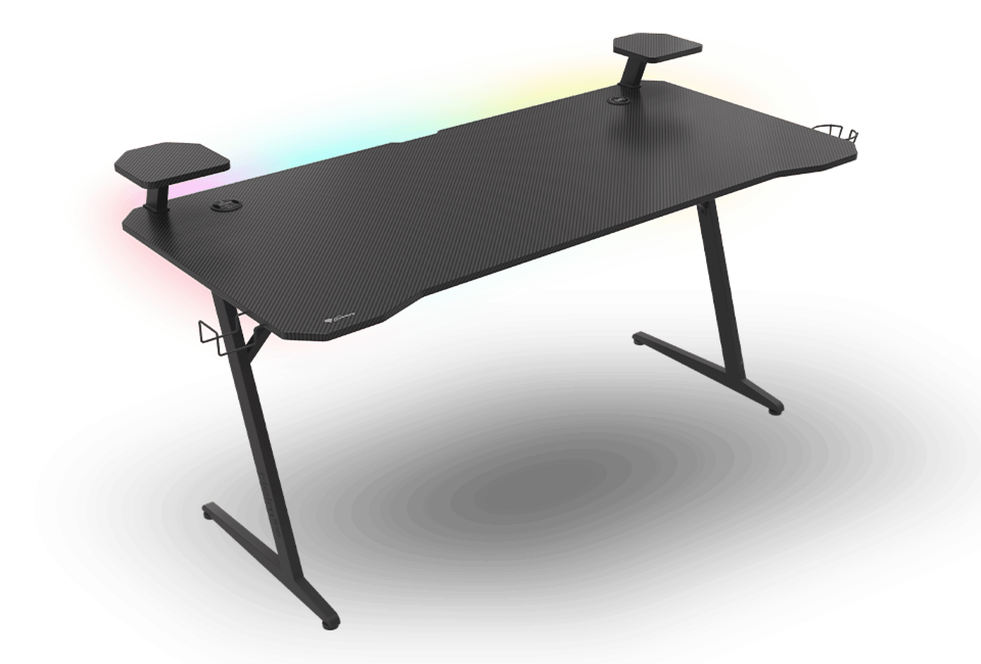Biurko gamingowe RGB z teksturą włókna węglowego, wyposażone w podwójne podłokietniki i system zarządzania kablami, wymiary 160x75 cm