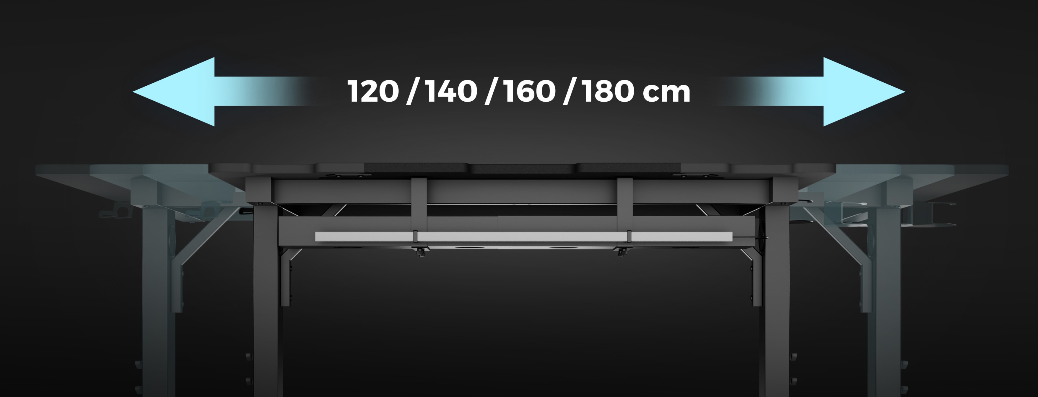 Regulowane biurko do gier o modułowej konstrukcji, o wymiarach 120, 140, 160 i 180 cm