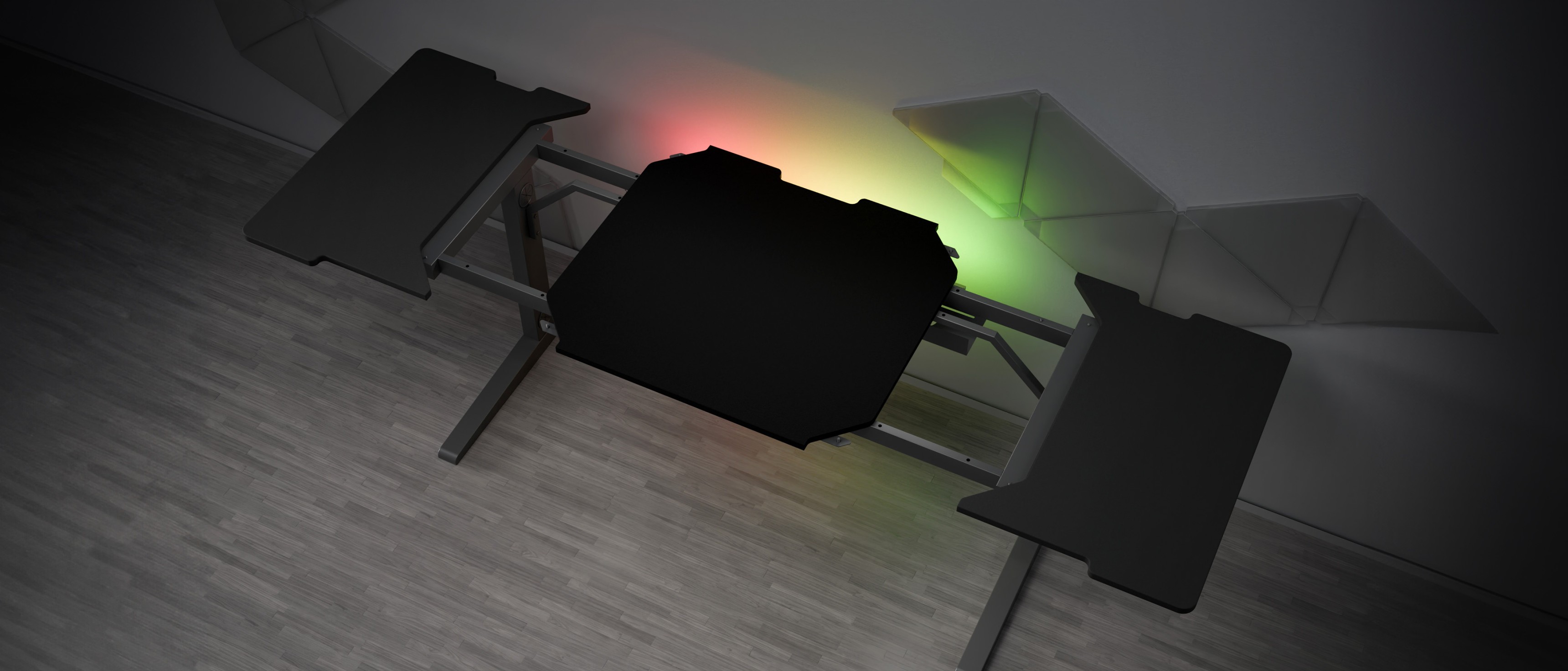 Modułowa nadstawka na biurko z lewej strony o eleganckim czarnym designie ze zintegrowanymi efektami świetlnymi LED
