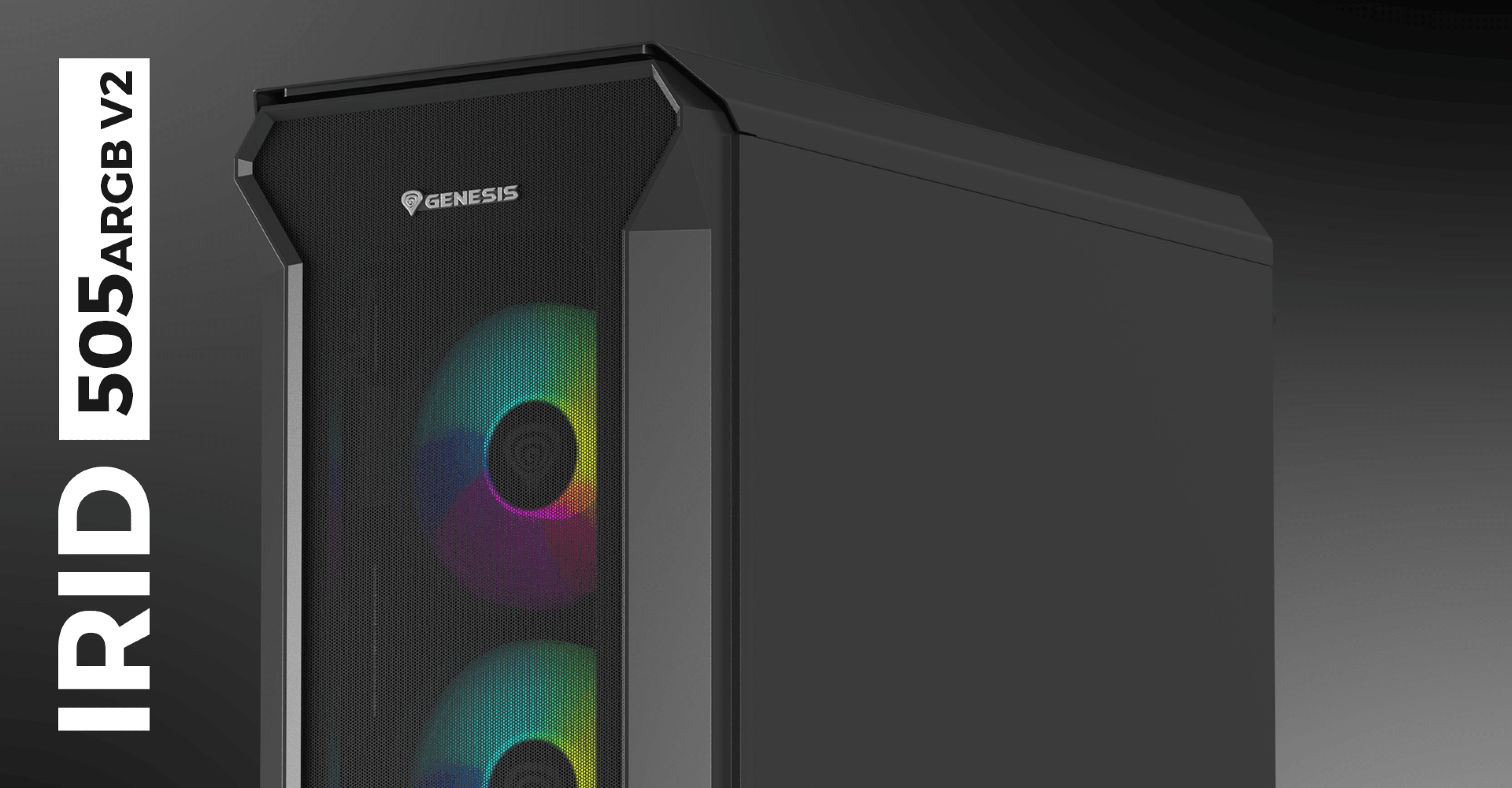 Czarna obudowa typu tower MIDI z oknem z hartowanego szkła i wentylatorami RGB, prezentująca model Genesis IRID 505 ARGB V2