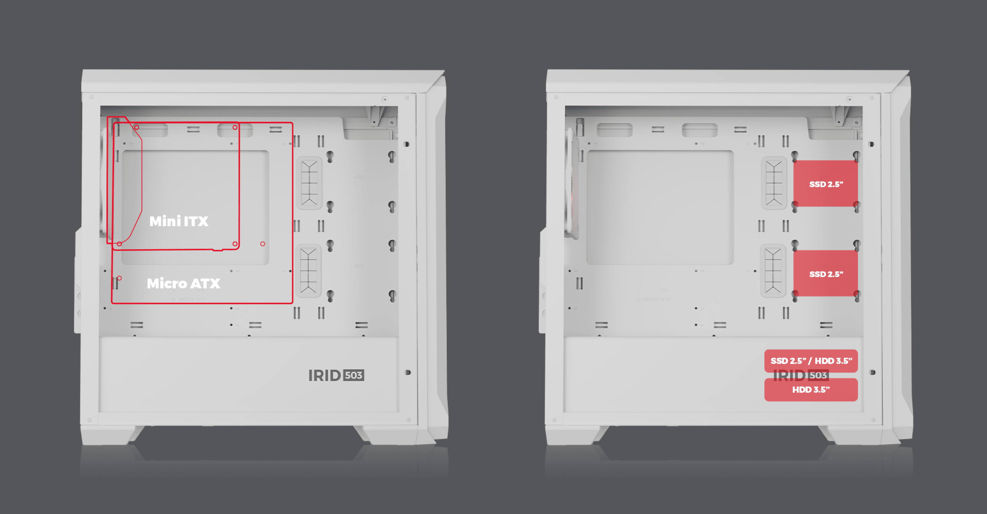 Biała obudowa Genesis IRID 503 ARGB Lite MATX typu mini tower z przezroczystym panelem bocznym, wyposażona w przegrody na płyty główne Mini ITX i Micro ATX.