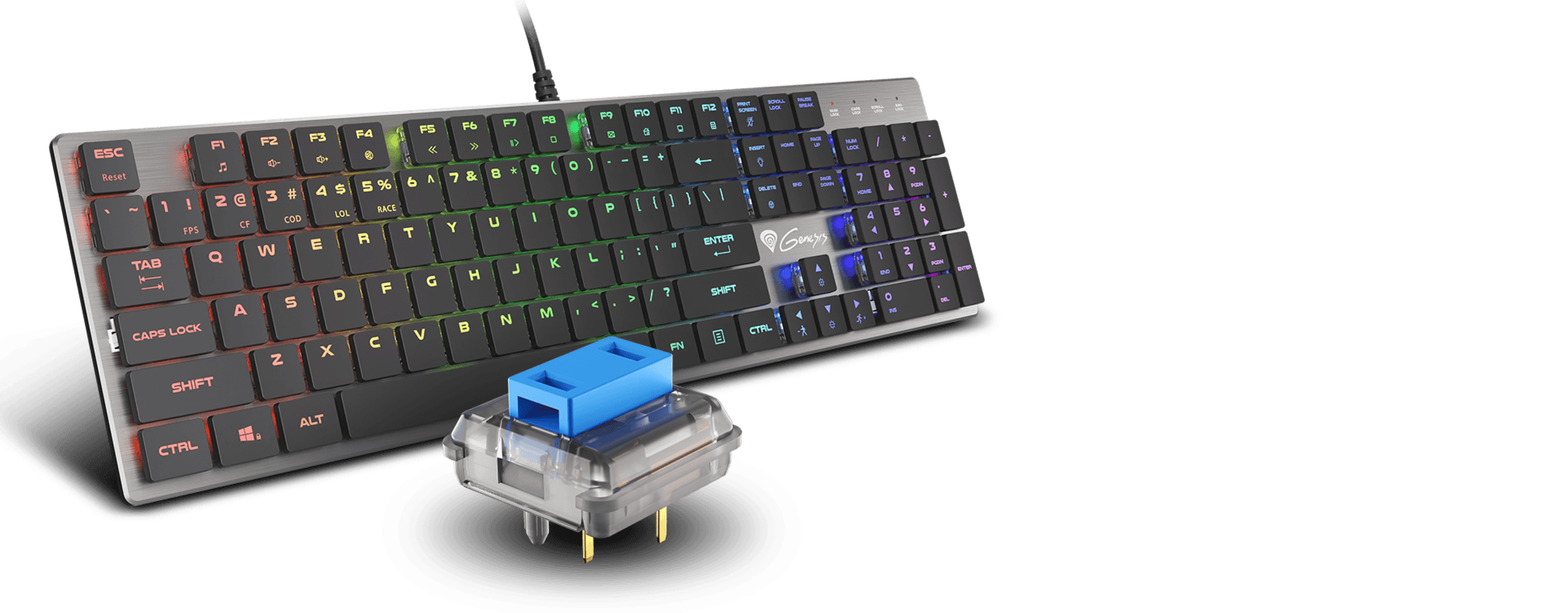 Podświetlana klawiatura do gier RGB z mechanicznymi przełącznikami w kolorze niebieskim, charakteryzująca się smukłą konstrukcją i przełącznikiem klawiszy w pobliżu.