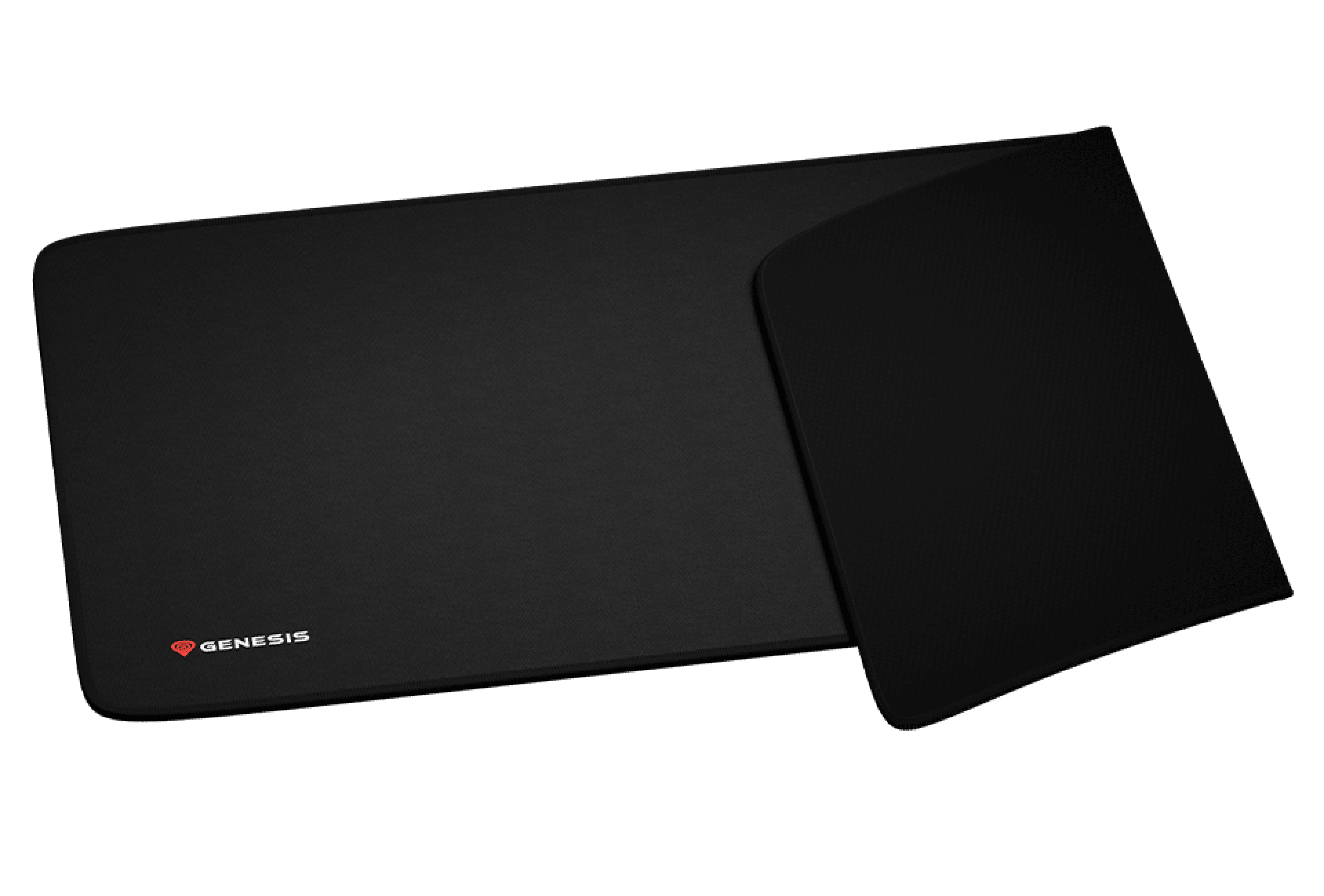 Duża czarna podkładka pod mysz z teksturowaną powierzchnią i logo Genesis, o wymiarach 900 x 450 mm