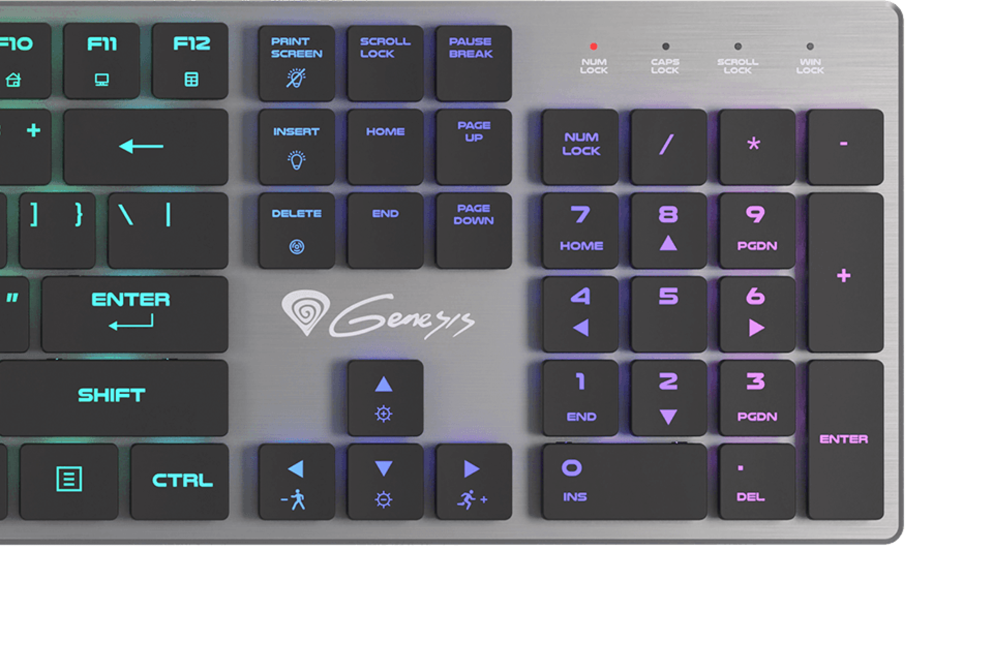 Mechaniczna klawiatura do gier z podświetleniem RGB, wyposażona w niebieskie przełączniki i smukłą konstrukcję z podświetlanymi klawiszami i logo Genesis