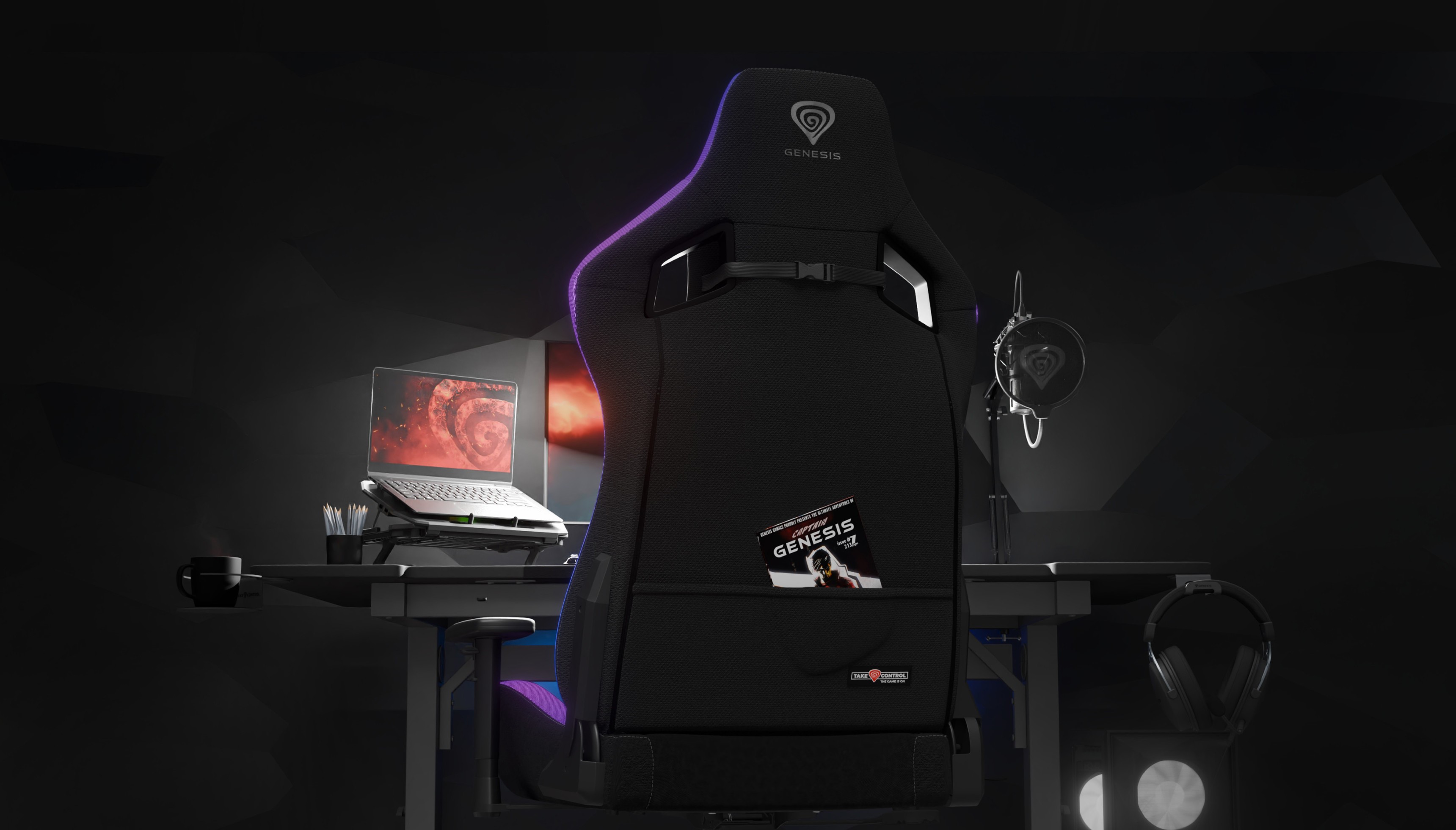 Czarny fotel gamingowy Genesis Trit 660 RGB widziany od tyłu, z laptopem, zestawem słuchawkowym i oświetleniem otoczenia na biurku do gier