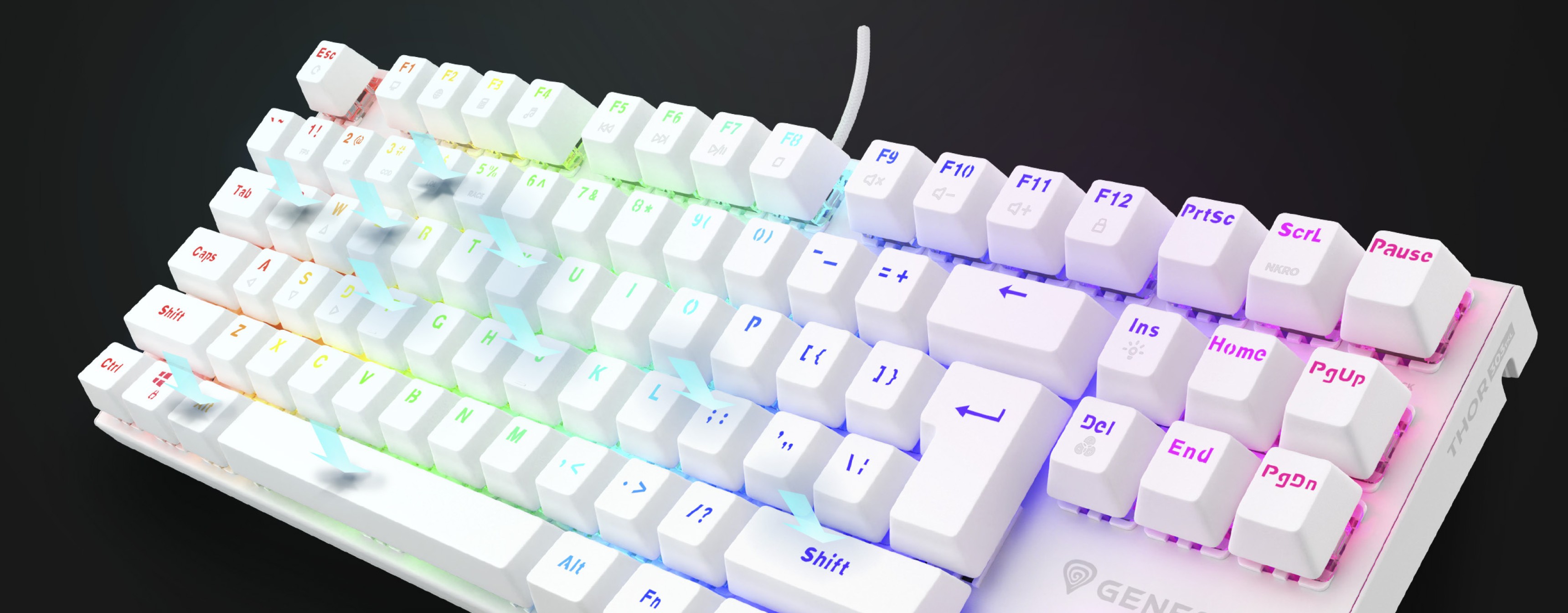 Biała mechaniczna klawiatura do gier z podświetleniem RGB i brązowymi przełącznikami, wyposażona w kompaktowy układ TKL i klawisze z możliwością wymiany podczas pracy